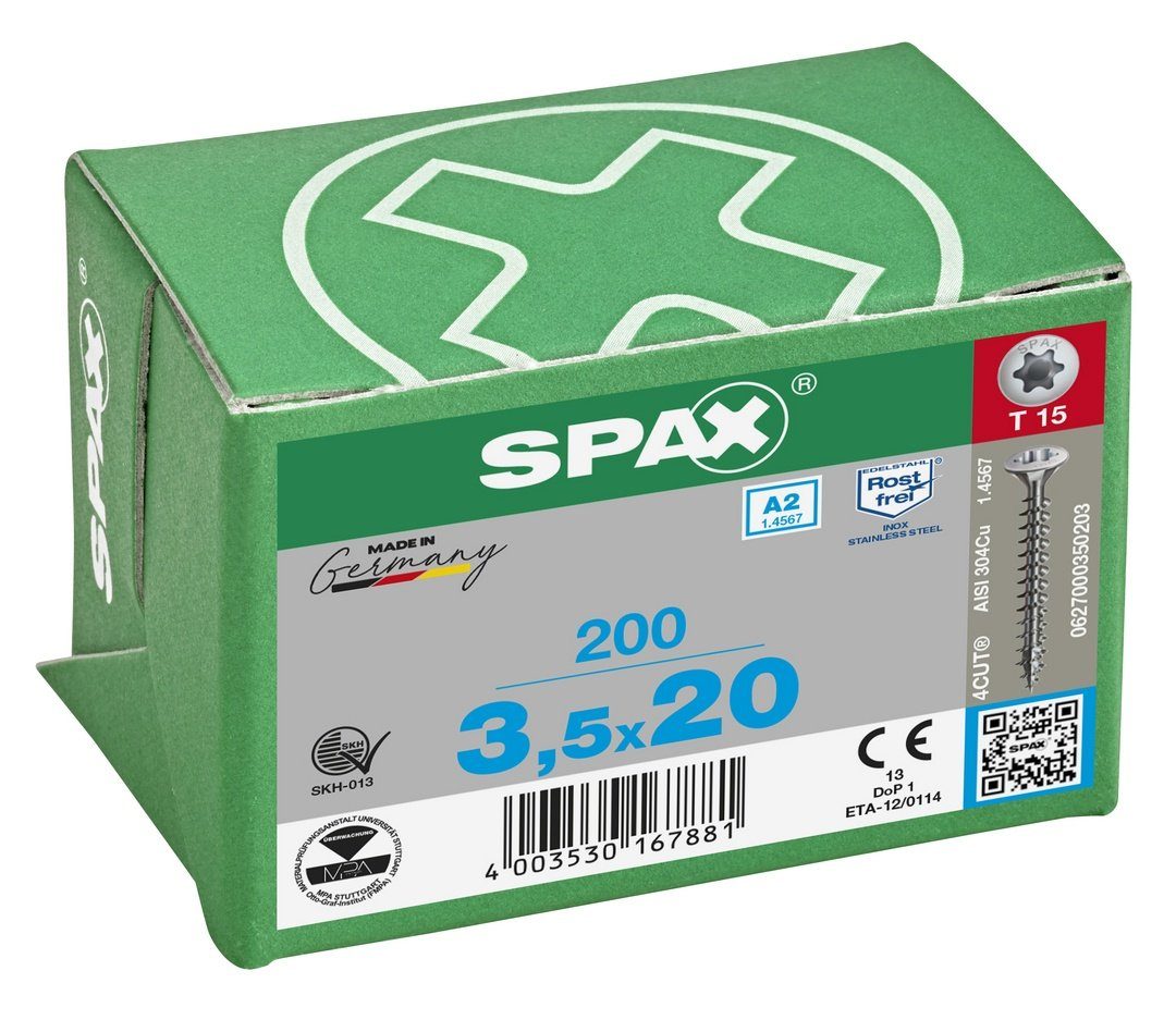 SPAX 3,5x20 Spanplattenschraube (Edelstahl mm A2, Edelstahlschraube, 200 St),