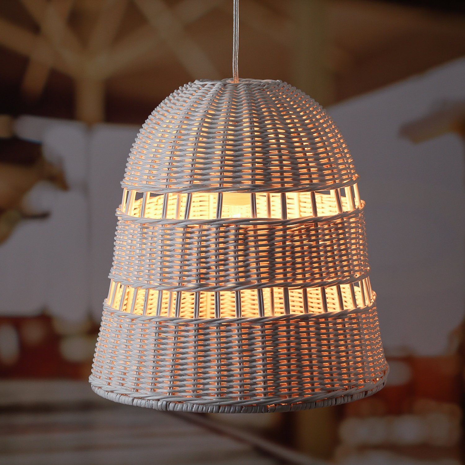 MARELIDA Deckenleuchte Lampenschirm Rattanoptik weiß H: 33cm E27 Fassung für Innen Balkon