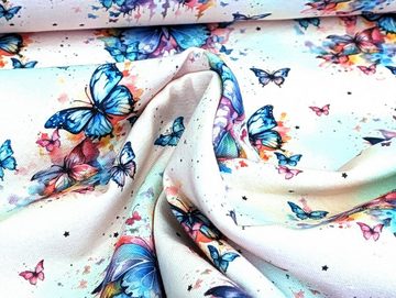 Corileo Stoff Eigenproduktion Baumwolljersey Regenbogen Schmetterling auf Hellrosa