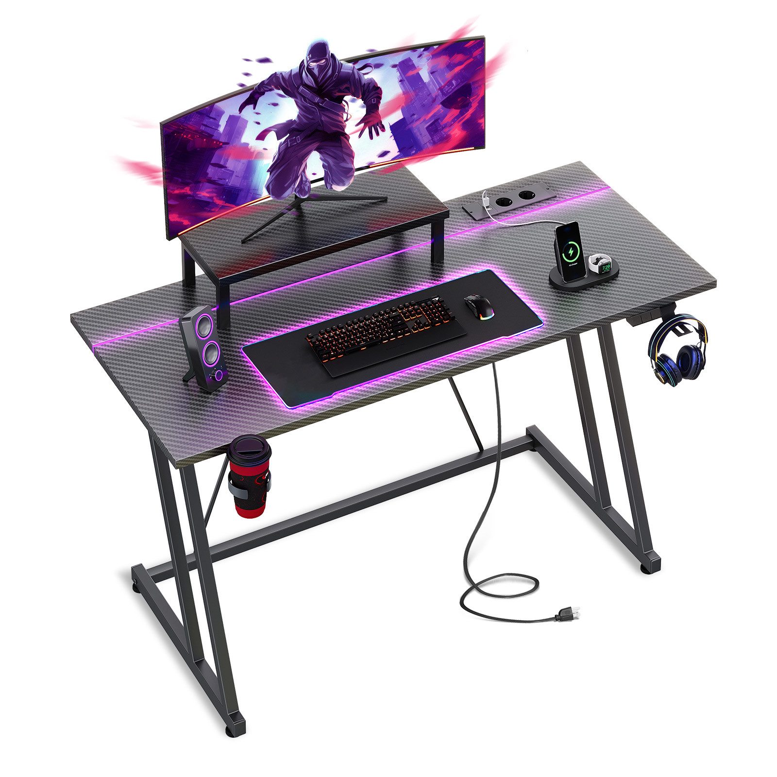 ODK Gamingtisch mit LED, Steckdose und Abnehmbarem Monitorregal (1 Tisch), 100×50cm, schwarz