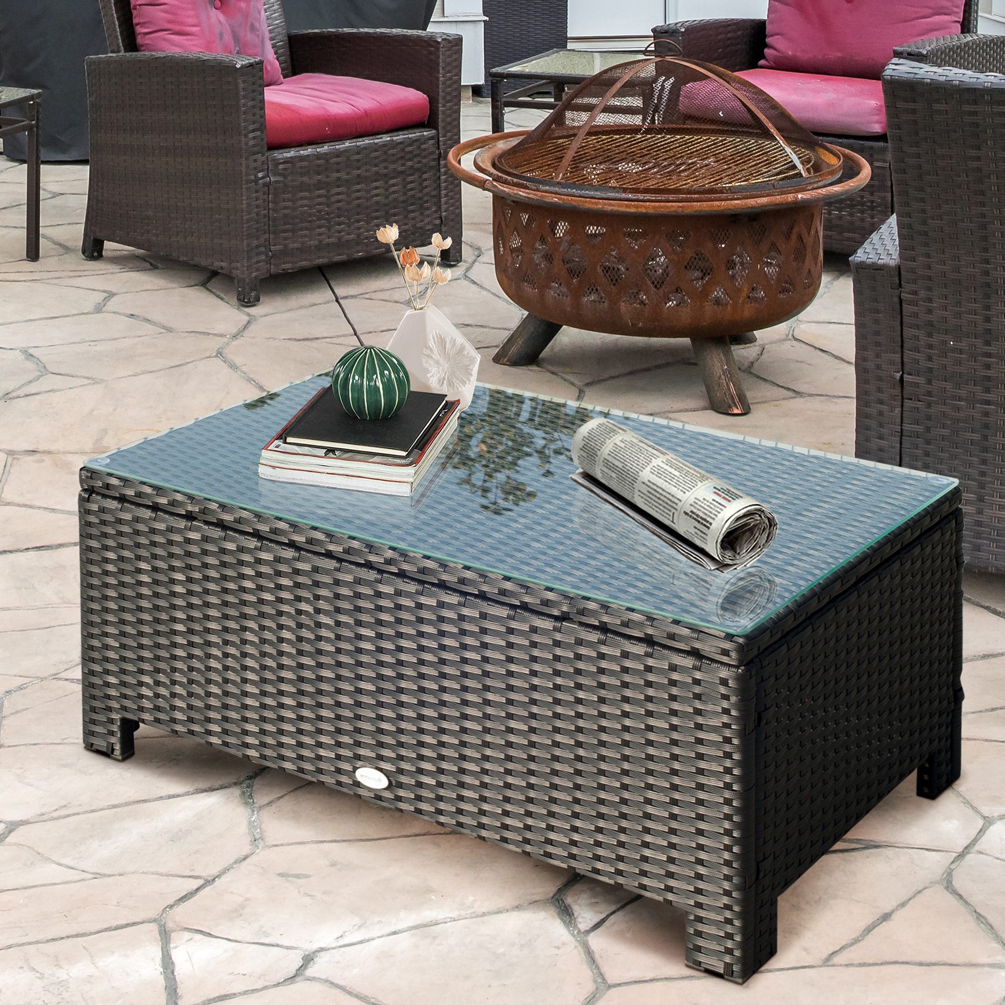Outsunny Gartentisch Garten Beistelltisch Polyrattan schwarz (Balkontisch, 1-St., Couchtisch), Schwarz 85 x 50 x 39 cm