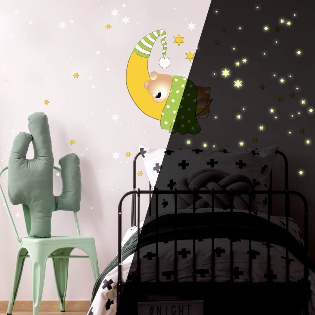 K&L Wall Art Wandtattoo Baby Teddy Bär Mond Leuchtsterne Grün 60x60cm selbstklebend, Kinderzimmer Leuchtbild