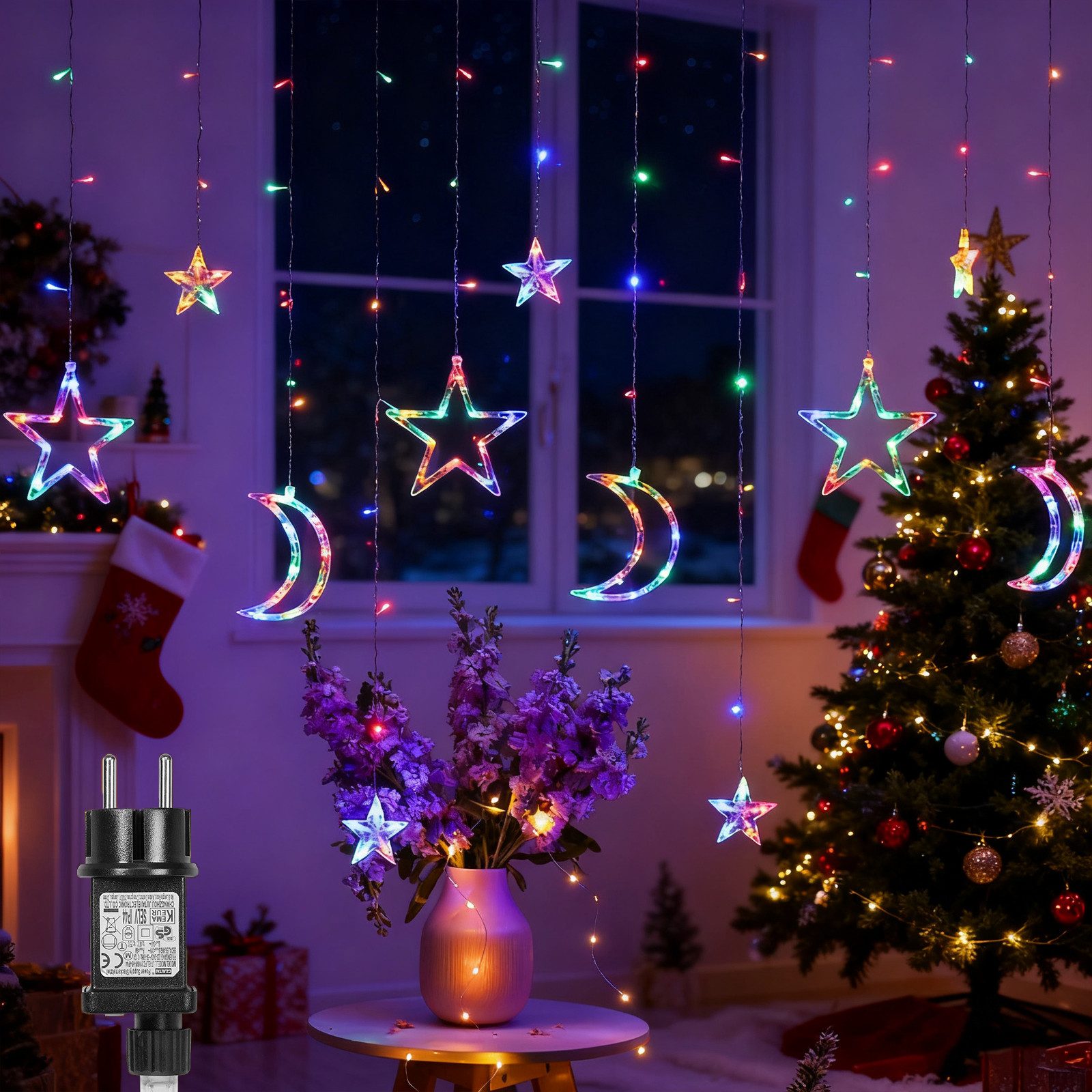 MUPOO Lichtervorhang LED Lichtervorhang Sternen und Monden Lichterkette Ramadan, Weihnachten, Timer, Speicherfunktion, Energiesparende