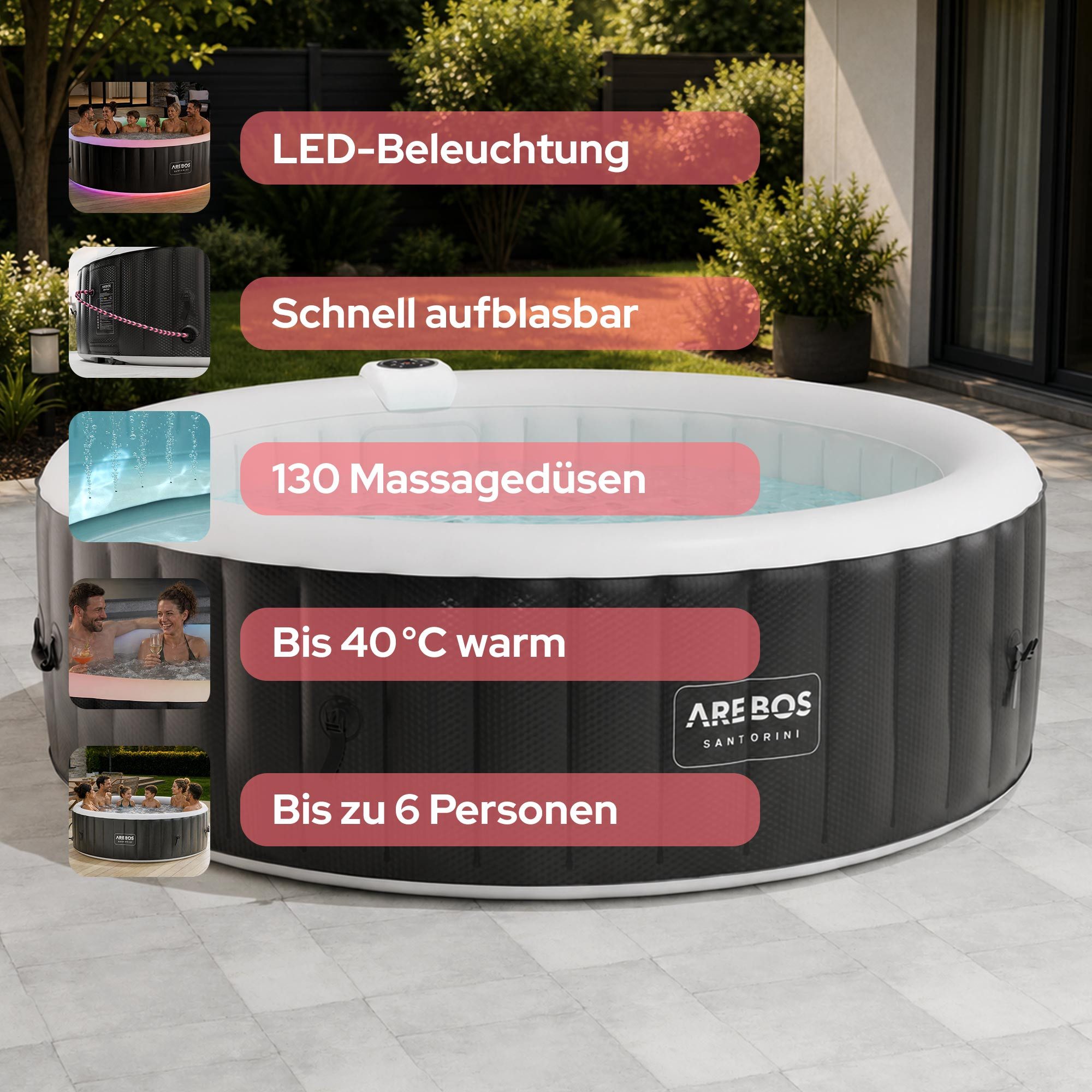 Arebos Whirlpool SANTORINI aufblasbar für bis zu 6 Personen mit 130 Massagedüsen, (Komplett-Set, mit LED-Beleuchtung, 208 x 208 cm), für Outdoor & Indoor
