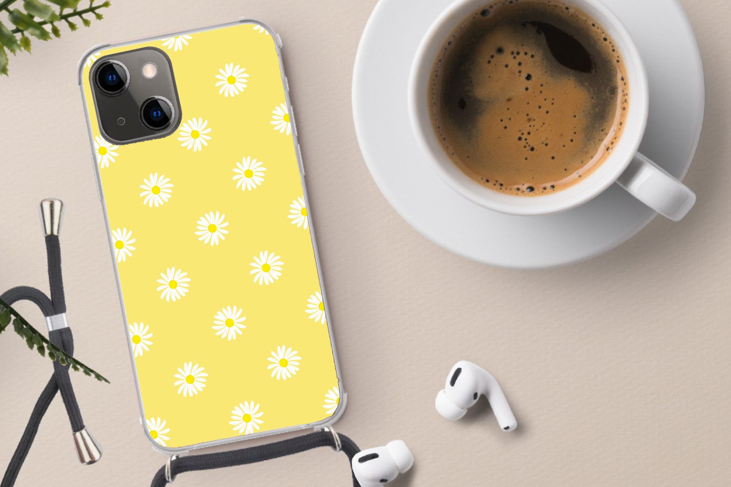 MuchoWow Handyhülle für Apple iPhone 13 Gänseblümchen - Pastell - Weiß - Gelb - Blumen, Tragbare Handyhüllen mit Kette zum umhängen, Handykette Handyband