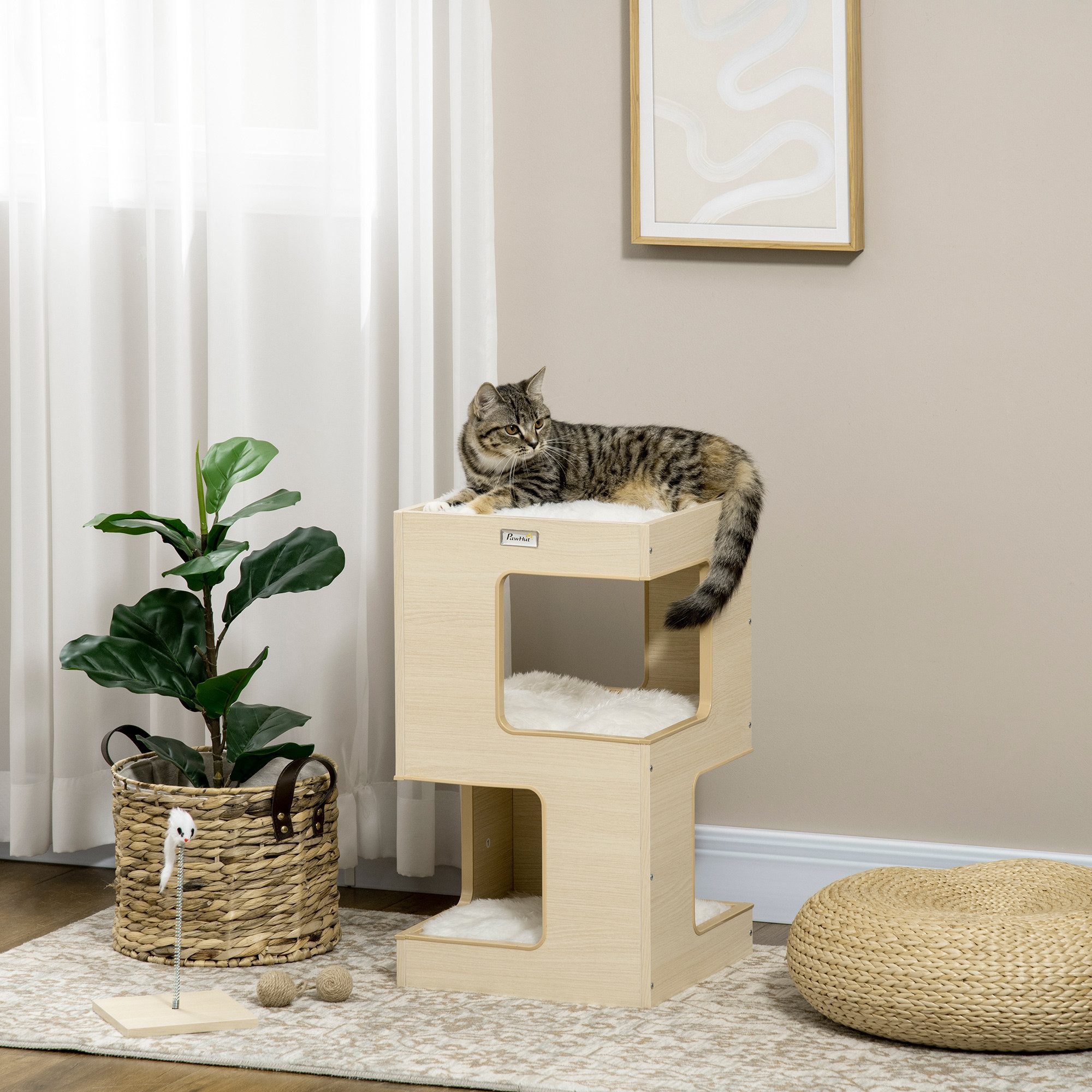 PawHut Tierhaus Katzenbett 3-stufiges Katzenhaus mit Kissen, Katzenzelt, Eiche, 34 x 34 x 60 cm