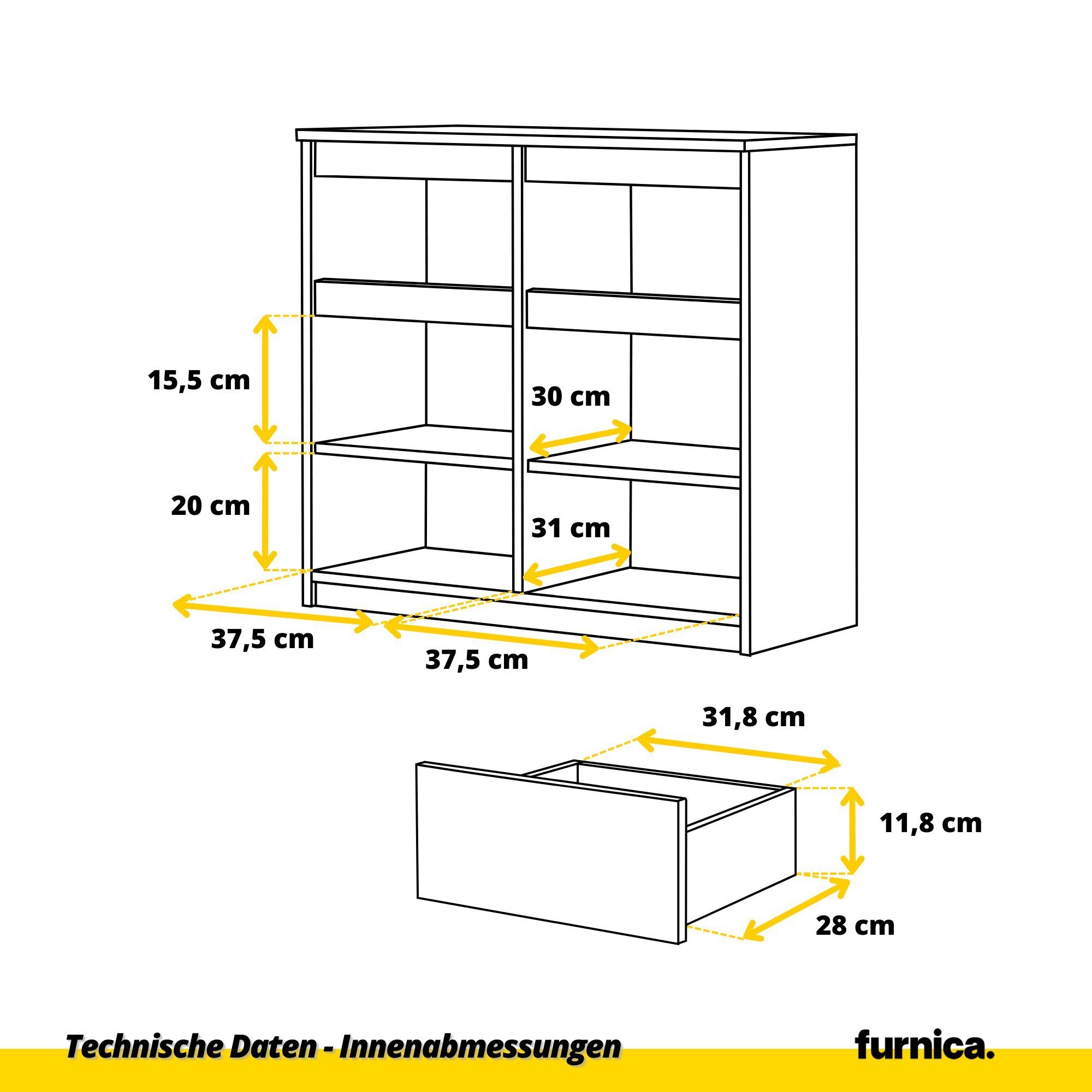 2 - Türen Kommode Beton-Optik Schubladen Eiche Beton-Optik/Votan B80cm 2 T35cm NOAH (1 St) H75cm und Furnica