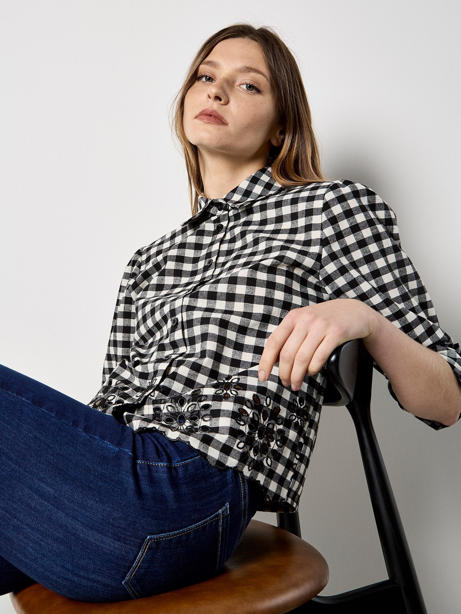 Apricot Karobluse Gingham-Hemd mit besticktem Saum günstig online kaufen
