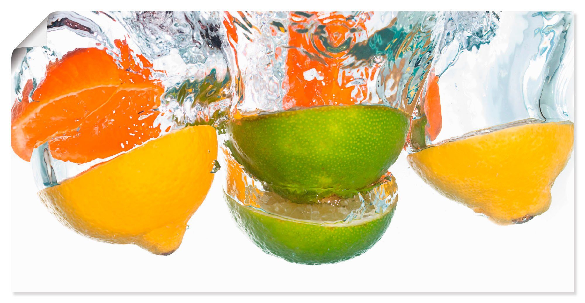 Artland Wandbild Zitrusfrüchte fallen in klares Wasser, Lebensmittel (1 St), als Alubild, Leinwandbild, Wandaufkleber oder Poster in versch. Größen