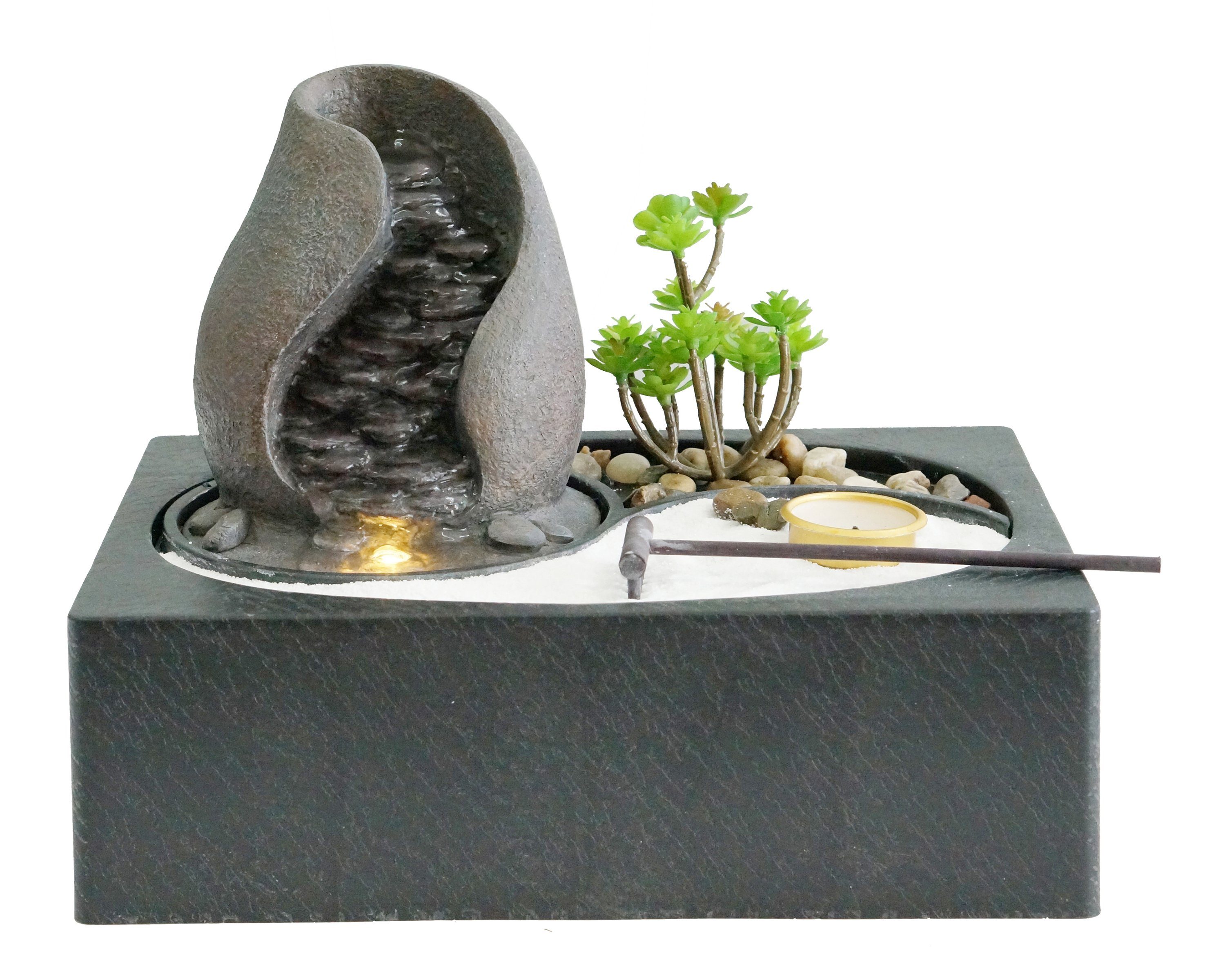 Dehner Zimmerbrunnen Landskap m. LED/Pumpe, 229 x 22 x 21 cm, Polyresin, 29 cm Breite, Bonsai-Garten mit Wasserfall und LED-Beleuchtung für den Wohnbereich