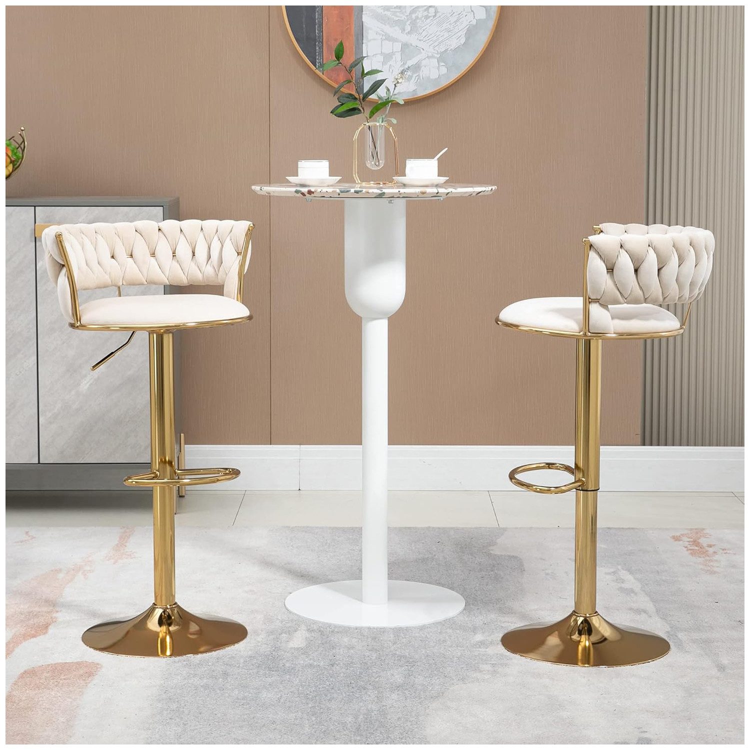 PFCTART Barhocker Samt Barhocker 2er Set, 360° drehbar & höhenverstellbar (Set, 2 St., Goldene Basis, für Küche, Esszimmer & Kücheninsel), Handgefertigte Rückenlehne, weich gepolstert, luxuriöser Samt