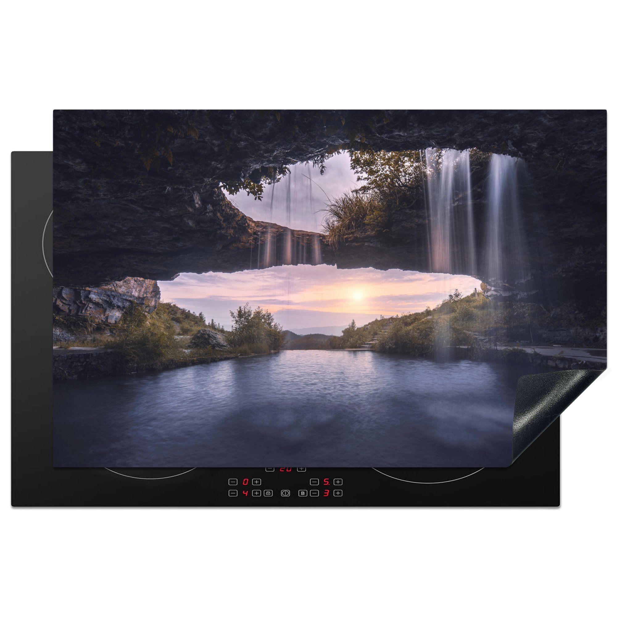 MuchoWow Herdblende-/Abdeckplatte Wasserfall - Höhle - Natur, Vinyl, (1 tlg), 81x52 cm, Induktionskochfeld Schutz für die küche, Ceranfeldabdeckung