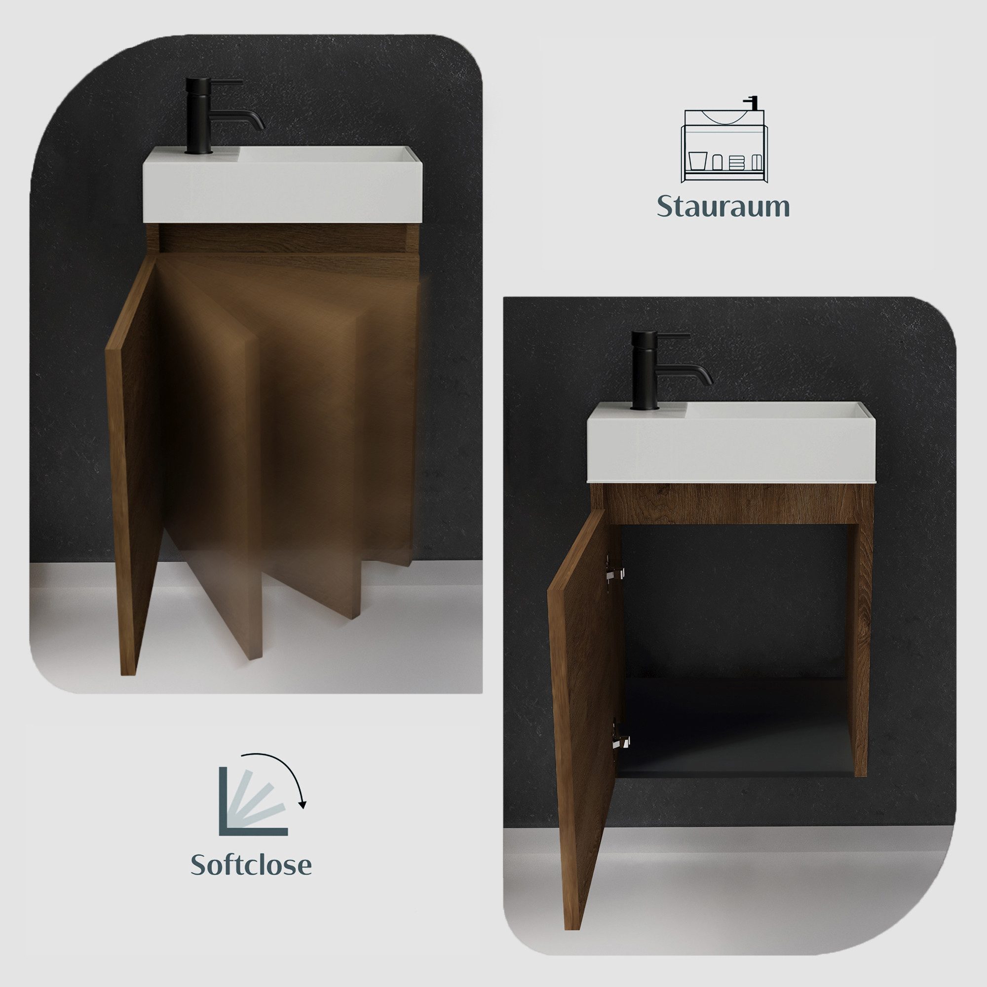Alpenberger Badmöbel-Set Gäste WC Waschbecken mit Unterschrank - Badschrank Hängend, (2-tlg. Waschtisch Set Eiche, Waschbeckenunterschrank mit Softclose), Wasch – Bild 4 von 5