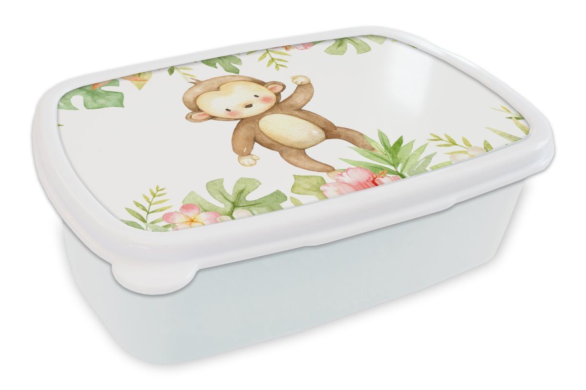MuchoWow Lunchbox Affe - Dschungel - Aquarell, Kunststoff, (2-tlg), Brotbox für Kinder und Erwachsene, Brotdose, für Jungs und Mädchen weiß