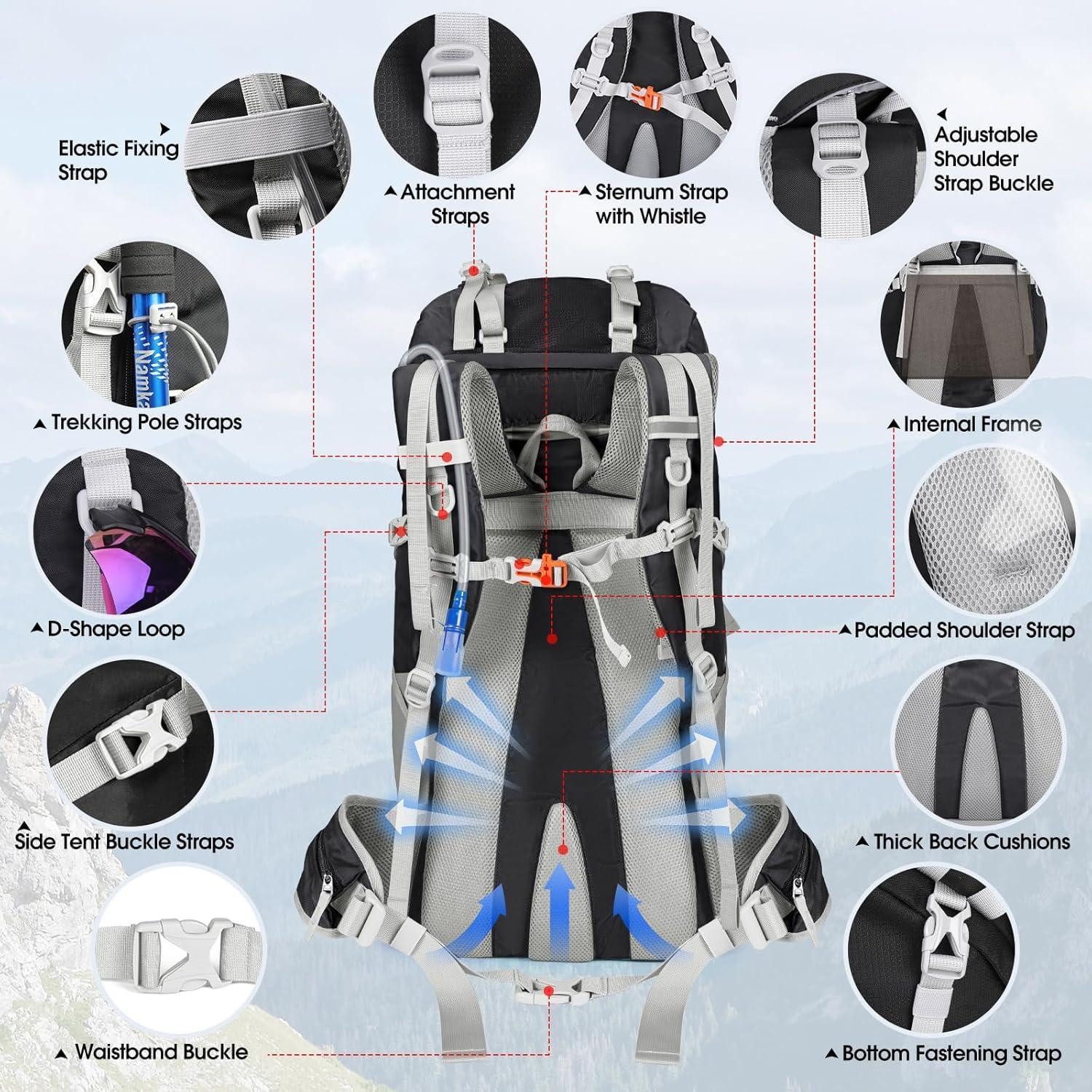 LuxusKollektion Trekkingrucksack Wanderrucksack 60L Herren Damen Trekkingrucksack Wasserdicht Schwarz
