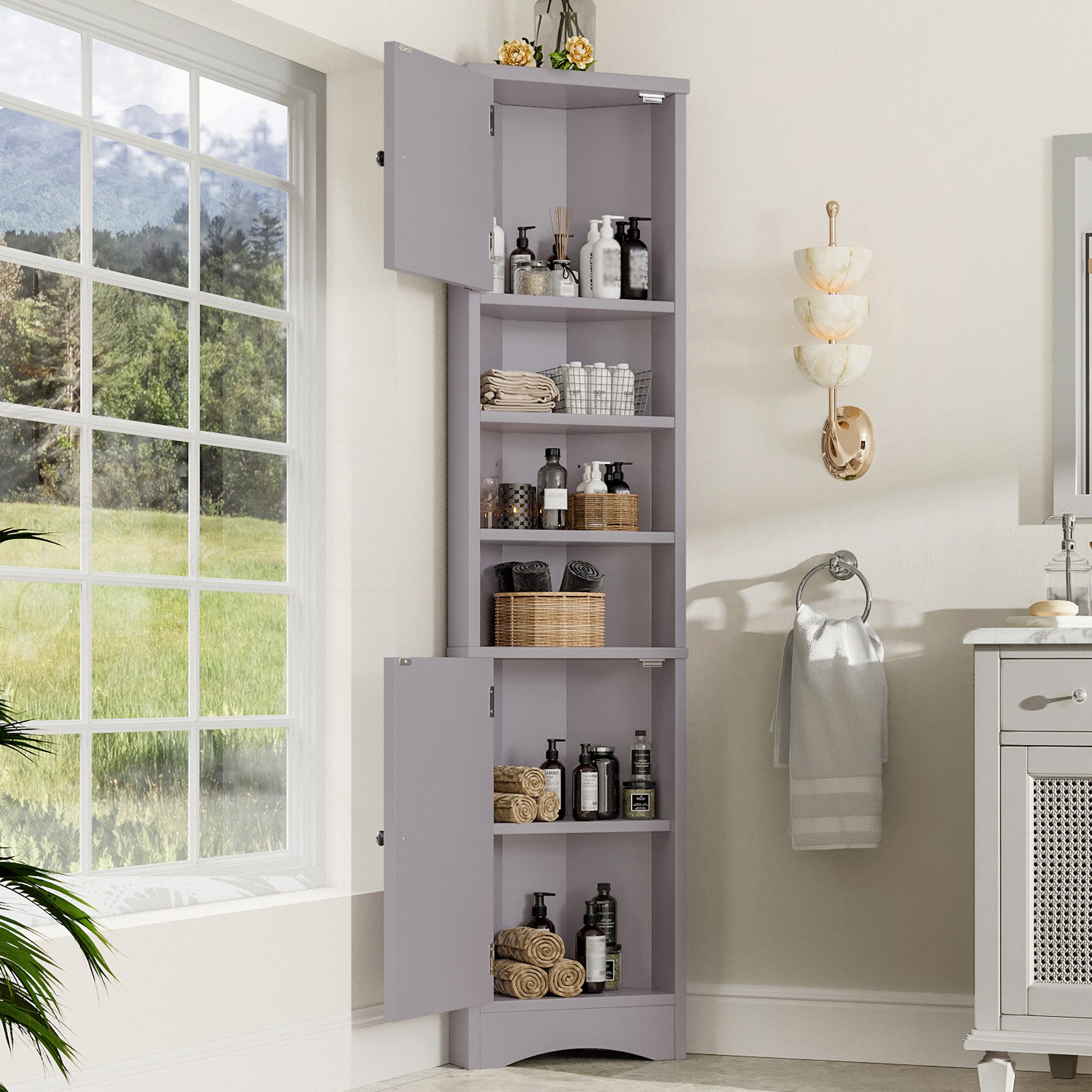 EXTSUD Badkommode Badkommode Eckschrank 37x24,5x170 cm, 2 Türen, feuchtigkeitsbeständig (Doppeltüren, verstellbare Einlegeböden, platzsparend), feuchtigkeitsbeständiger Lack, drei offene Ablagefächer