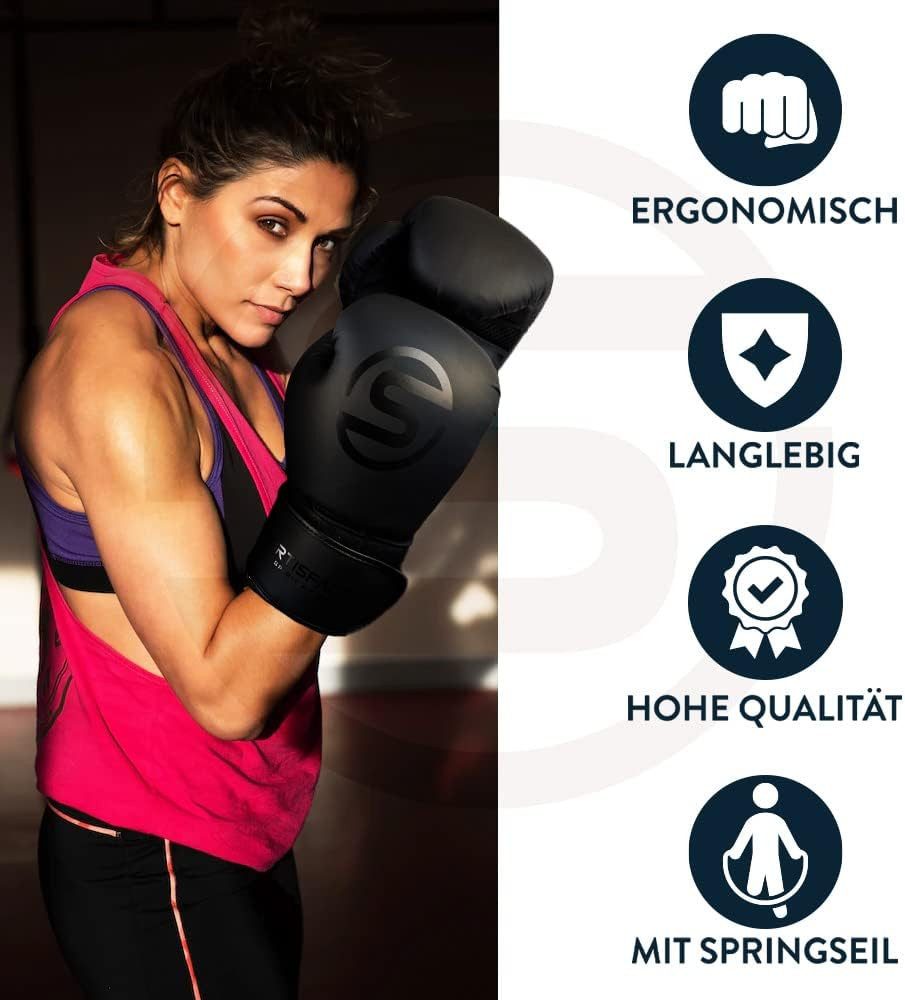 Sportisfaction Boxhandschuhe Boxhandschuhe 10oz Set inkl. Bandagen & Springseil Schwarz PU-Leder, Standardgröße für Sandsack & Training 60-80kg Sicherer Klettverschluss