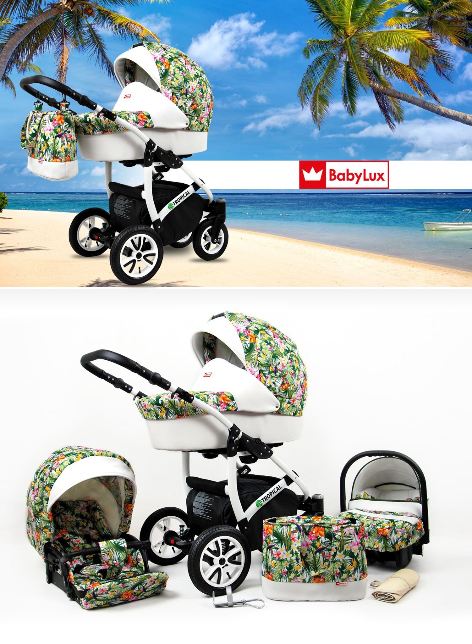 Kinder Kinderwagen Raf-Pol Kombi-Kinderwagen GroßhandelPL Kinderwagen Alu Tropical 3in1 -Set Wanne Buggy Babyschale Autositz Zub