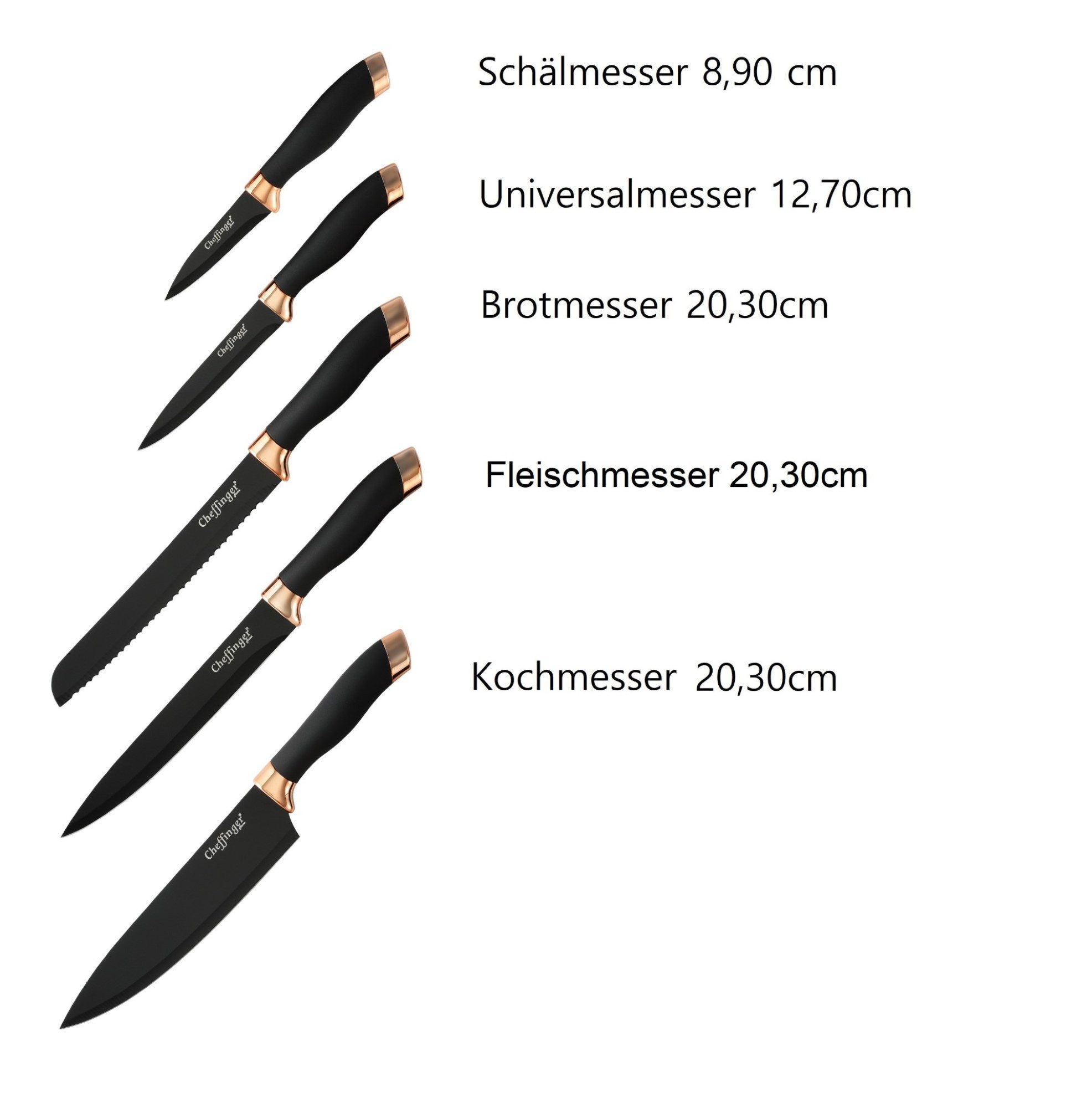 Cheffinger Messer-Set 6 tlg. Messerständer drehbar Messerblock Schwarz-Gold