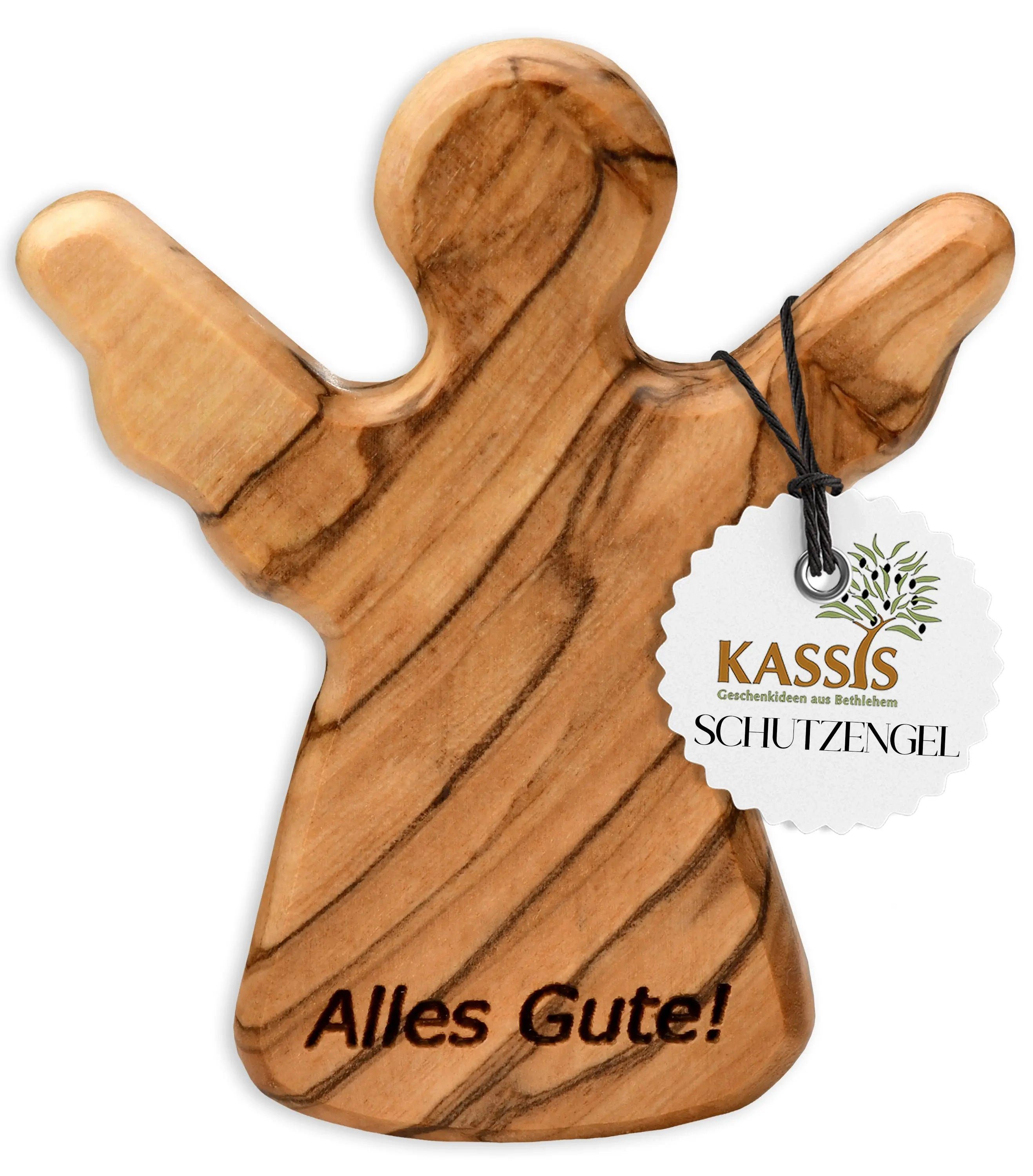 Kassis Engelfigur Schutzengel als Handschmeichler mit Spruch "Alles Gute", handgemacht, Olivenholzdeko, Naturprodukt, aus Bethlehem, Glücksbringer