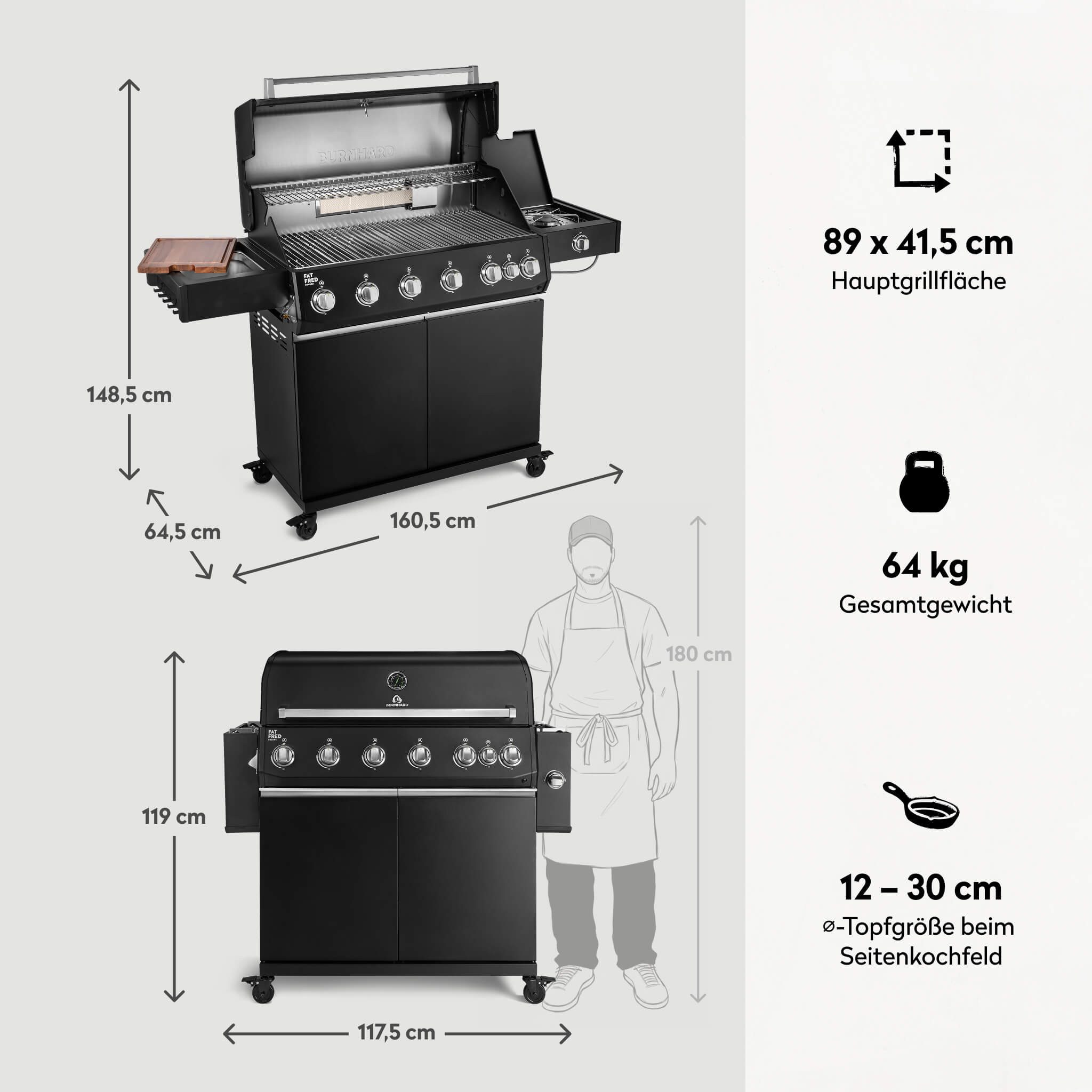 BURNHARD® Gasgrill 6-Brenner, 5x Edelstahlstabbrenner, 3,5 kW, Infrarot-Keramikbrenner, Heckbrenner, Seitenkochfeld, Edelstahlrost, Piezo-Zündung – Fat FRED Deluxe