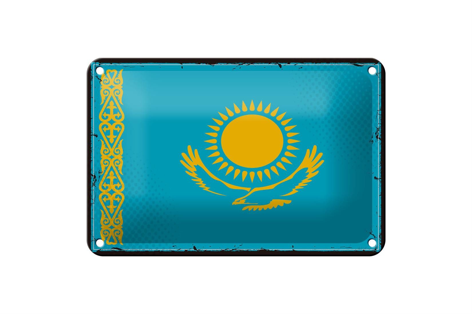 Femer GmbH Metallschild Flagge Kasachstans 18x12cm Retro Kazakhstan, (1 St), gewölbte Oberfläche, abgerundete Ecken, umgeschlagene Kanten