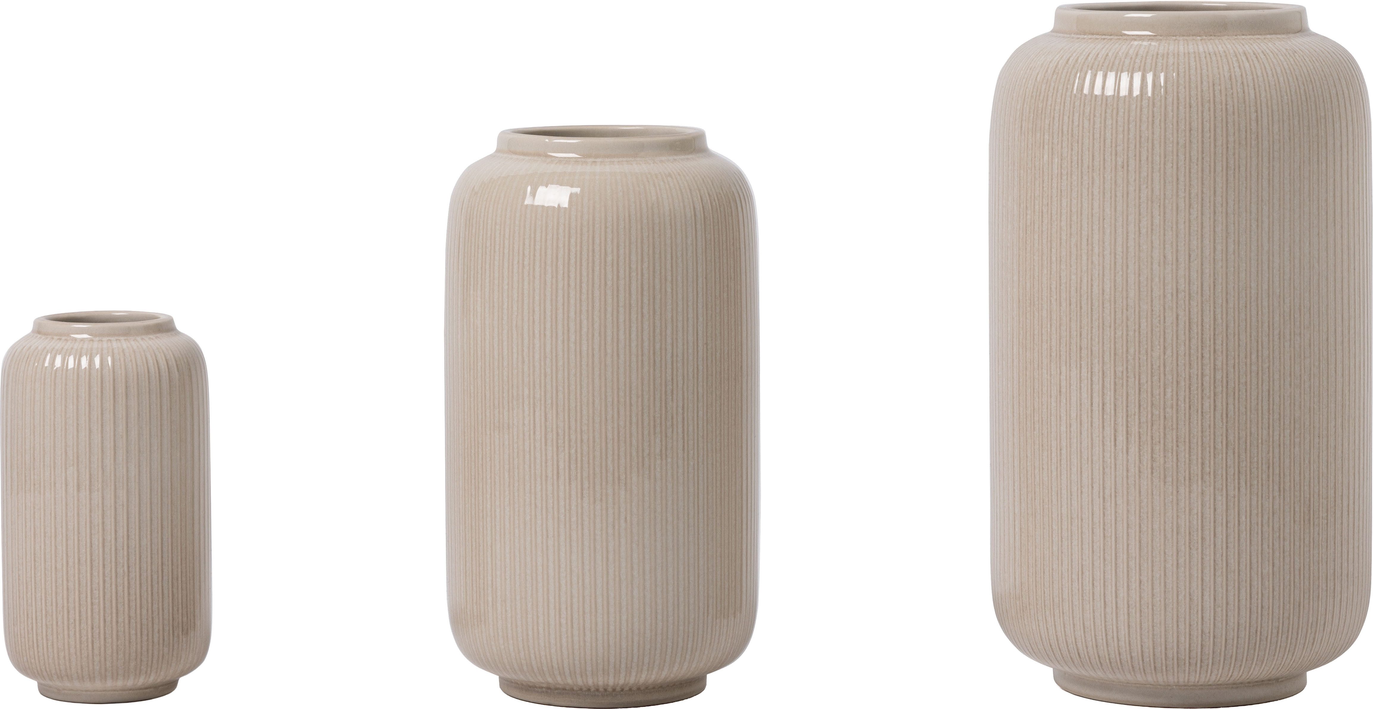 OTTO home Tischvase Ylvii, innen vollständig glasiert und wasserundurchlässig (Set, 3 St., Maße: 12x22cm, 10x18cm und 6,5x12cm, vertikal gerippte Struktur), Vasen aus Keramik, uni matt oder mit glänzender, Effektglasur