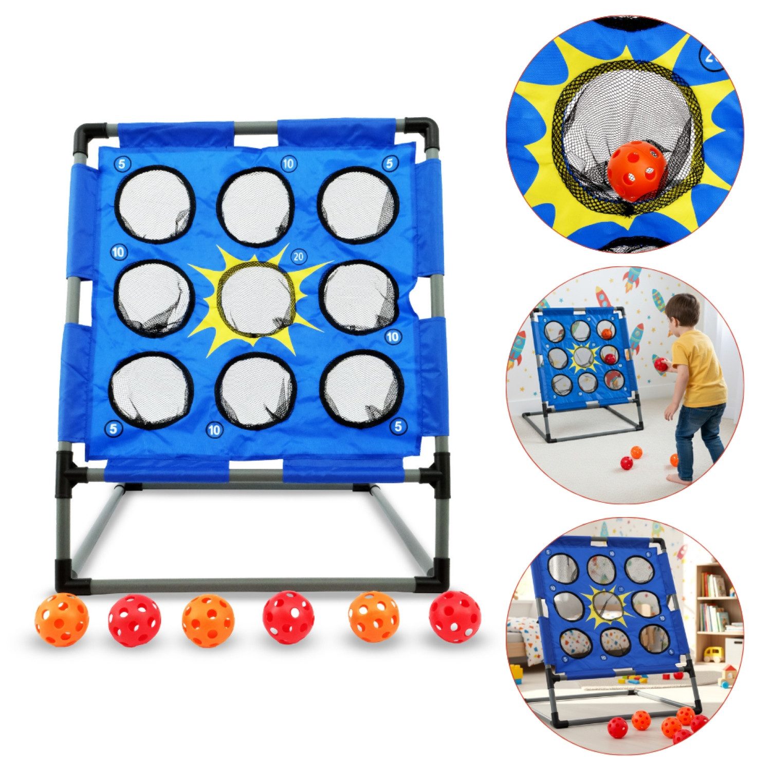 FASports Ballwand Wurfball-Spiel Set Bolimo, Outdoor Ballspiel, Indoor Wurfspiel, (Set, 1-St., Wurfspiel mit Wurfbällen, Ballspiel mit Zielscheibe), Set mit 9 Zielfeldern um (5, 10, 20) Punkte zu sammeln