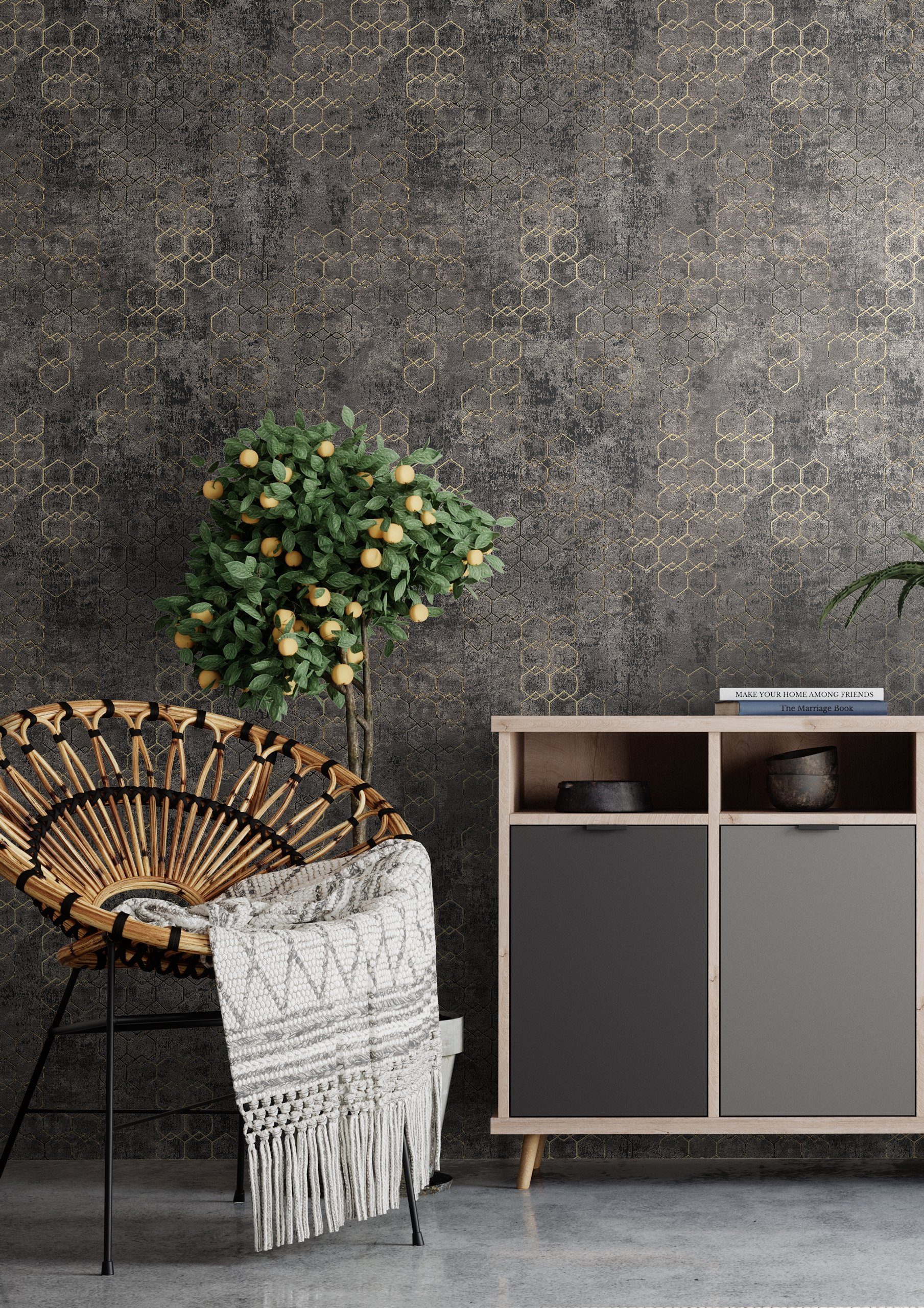 Newroom Vliestapete Muster1 Tapete Mustertapete Leicht Glänzend,Hexagon,Sechsecke, Schwarz Tapete Leicht Glänzend Modern - Mustertapete Metalic Gold Grau Hexago – Bild 5 von 5