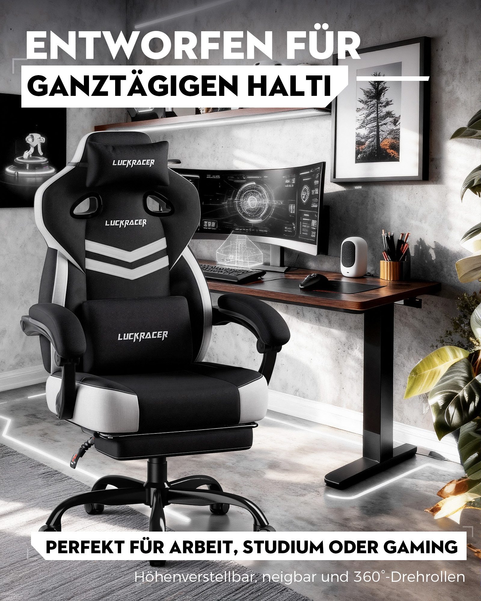 LUCKRACER Gaming-Stuhl Stoff/Kunstleder, Bürostuhl mit verbundenen Armlehnen, Memory-Schaum, 90–155° Neigungswinkel und Fußstütze