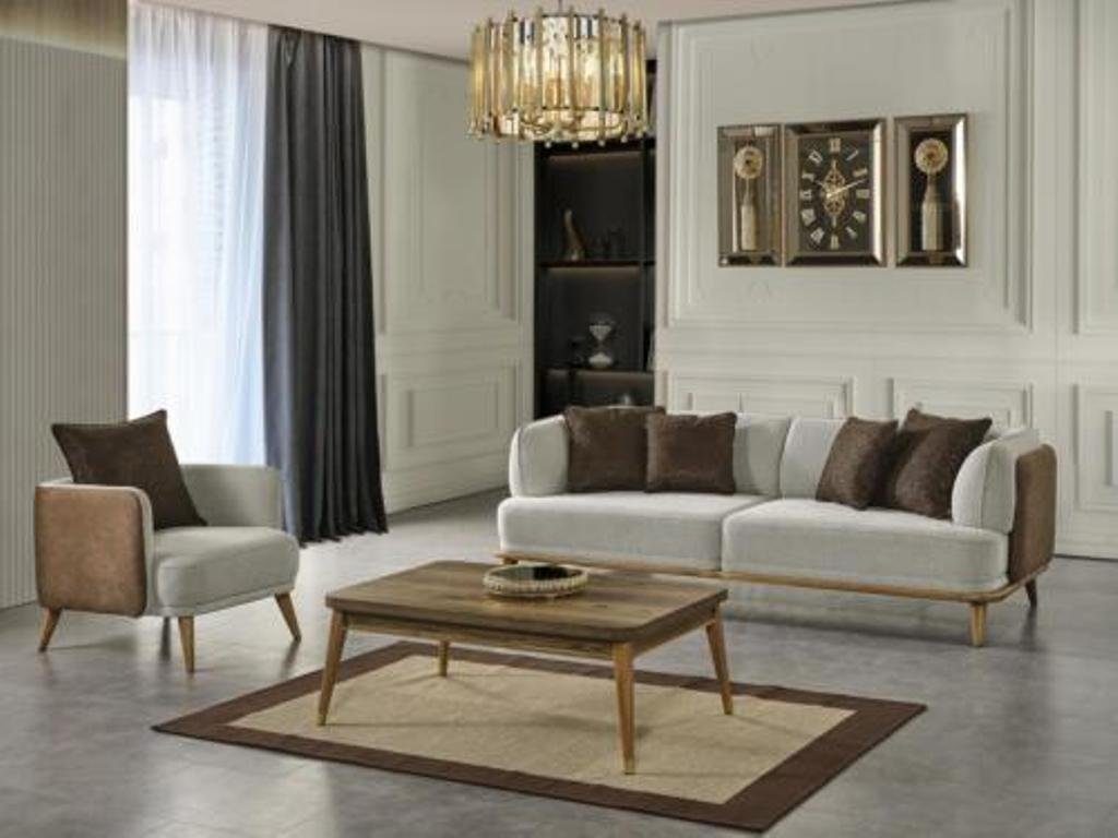 JVmoebel Wohnzimmer-Set Dreisitzer Couch Luxus Möbel Sofa Couchen Holz Couchtisch 2tlg., (2-St) | Wohnwände