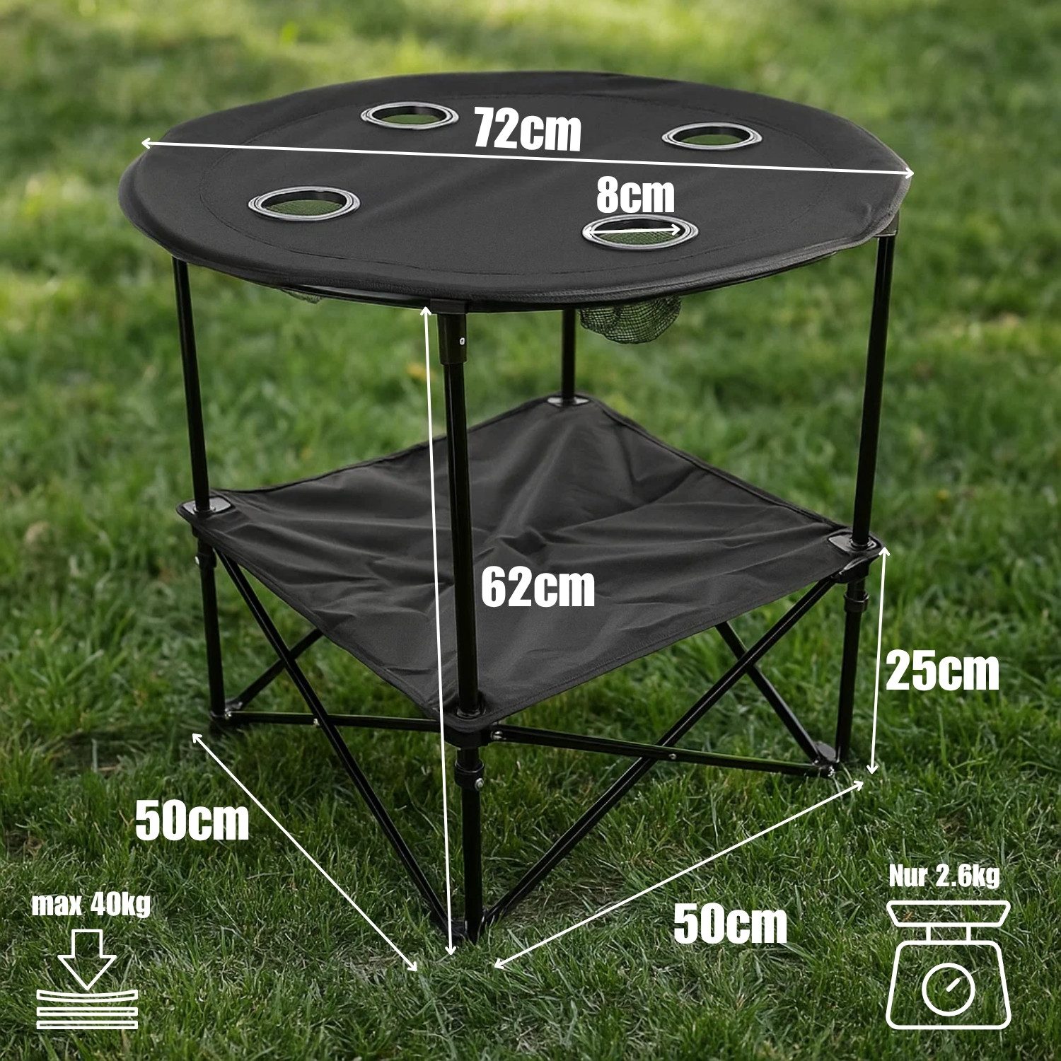 BigDean Campingtisch faltbar 4 Getränkehalter 2fache Ablage Camping Tisch Campingtisch (Packung, 1-St., Camping, Falttisch), Kompakt, Clever, 40kg Belastbarkeit