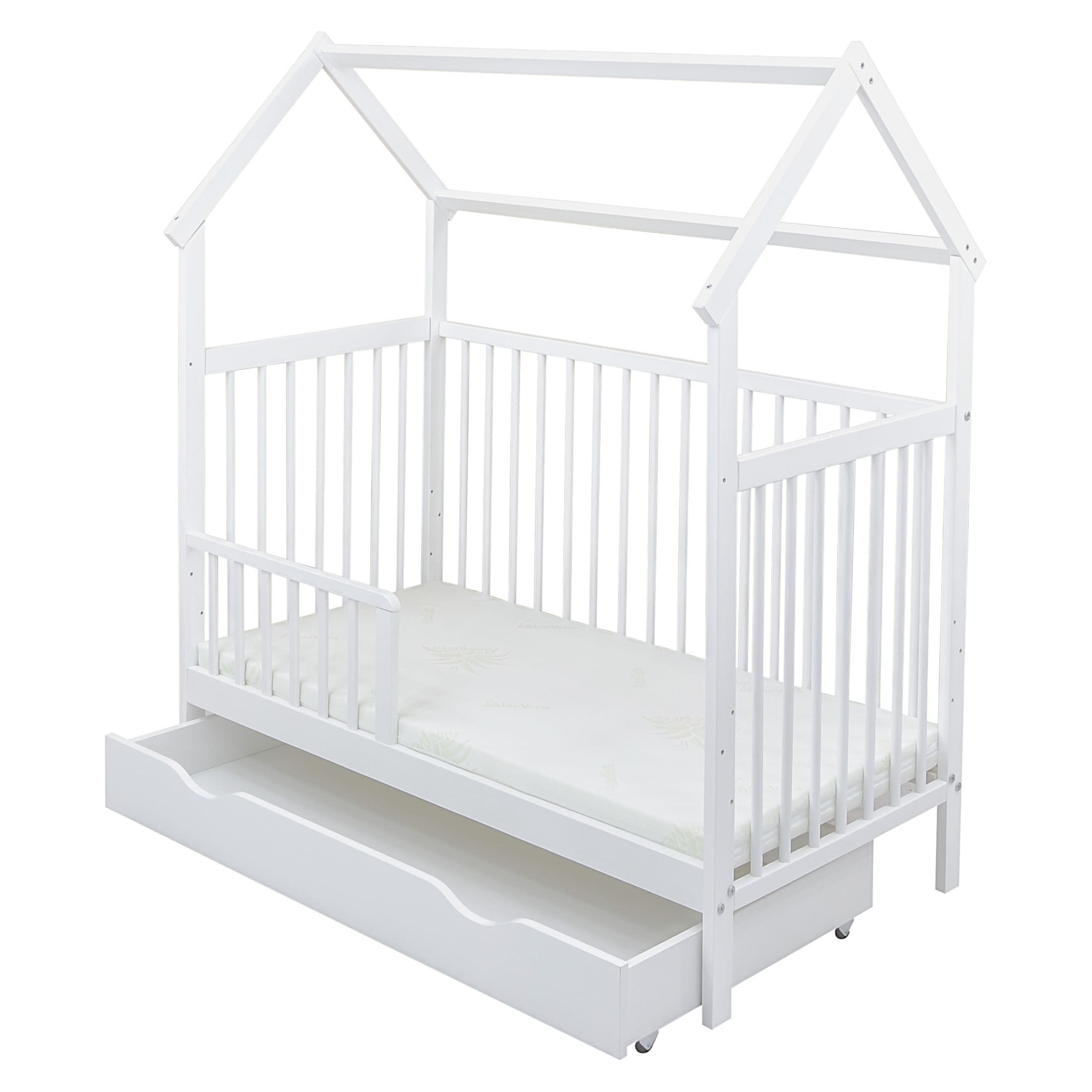 Baby-Delux Komplettbett Hausbett Babybett Schublade Schutzgitter Beißschienen Komplettset, 11-tlg., Kinderbett 60x120 cm weiß, Bettset verschiedene Designs