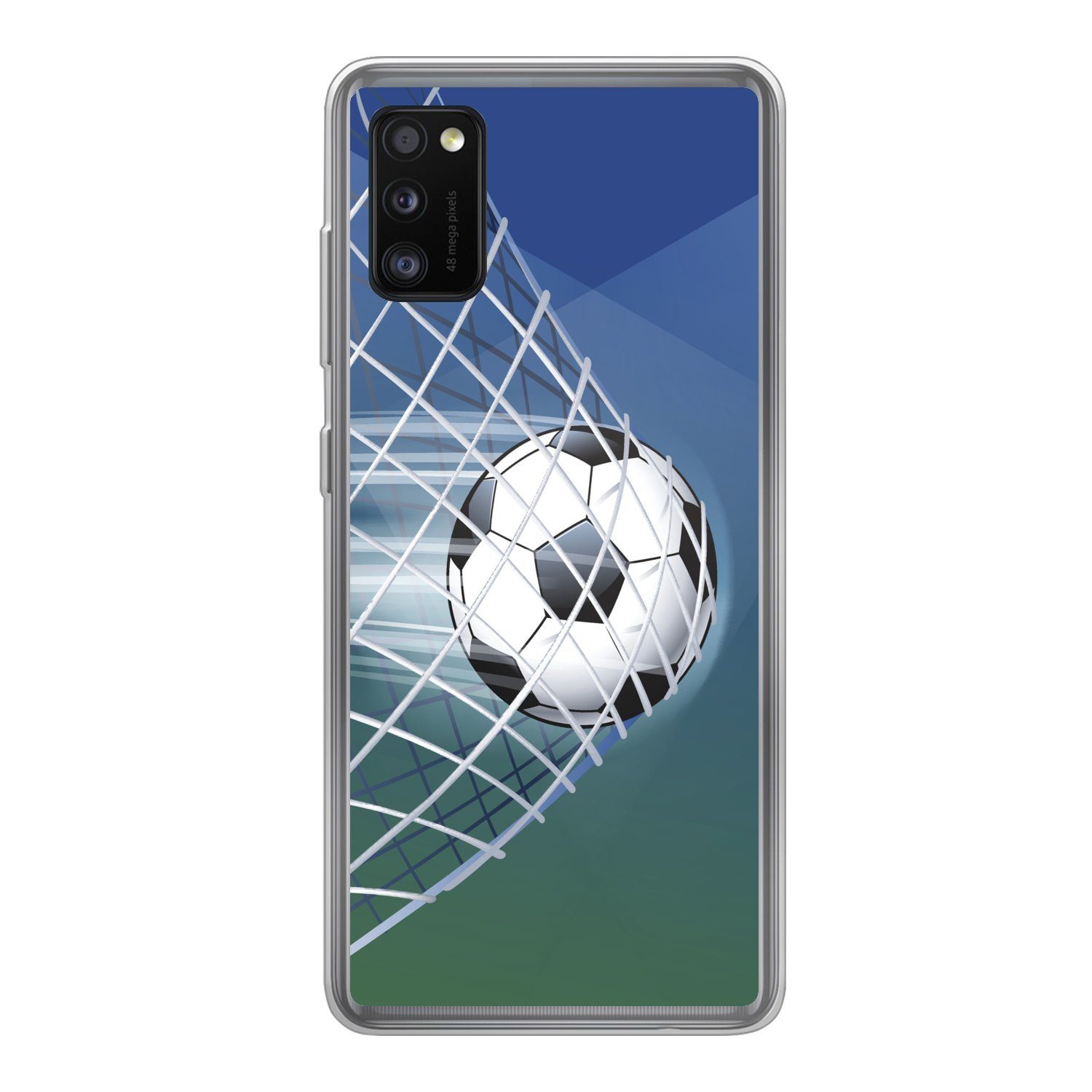 MuchoWow Handyhülle für Samsung Galaxy A41 Eine Illustration eines Fußballs im Netz - Jung, Smartphone-Bumper, Print, Handy Schutzhülle Dünn
