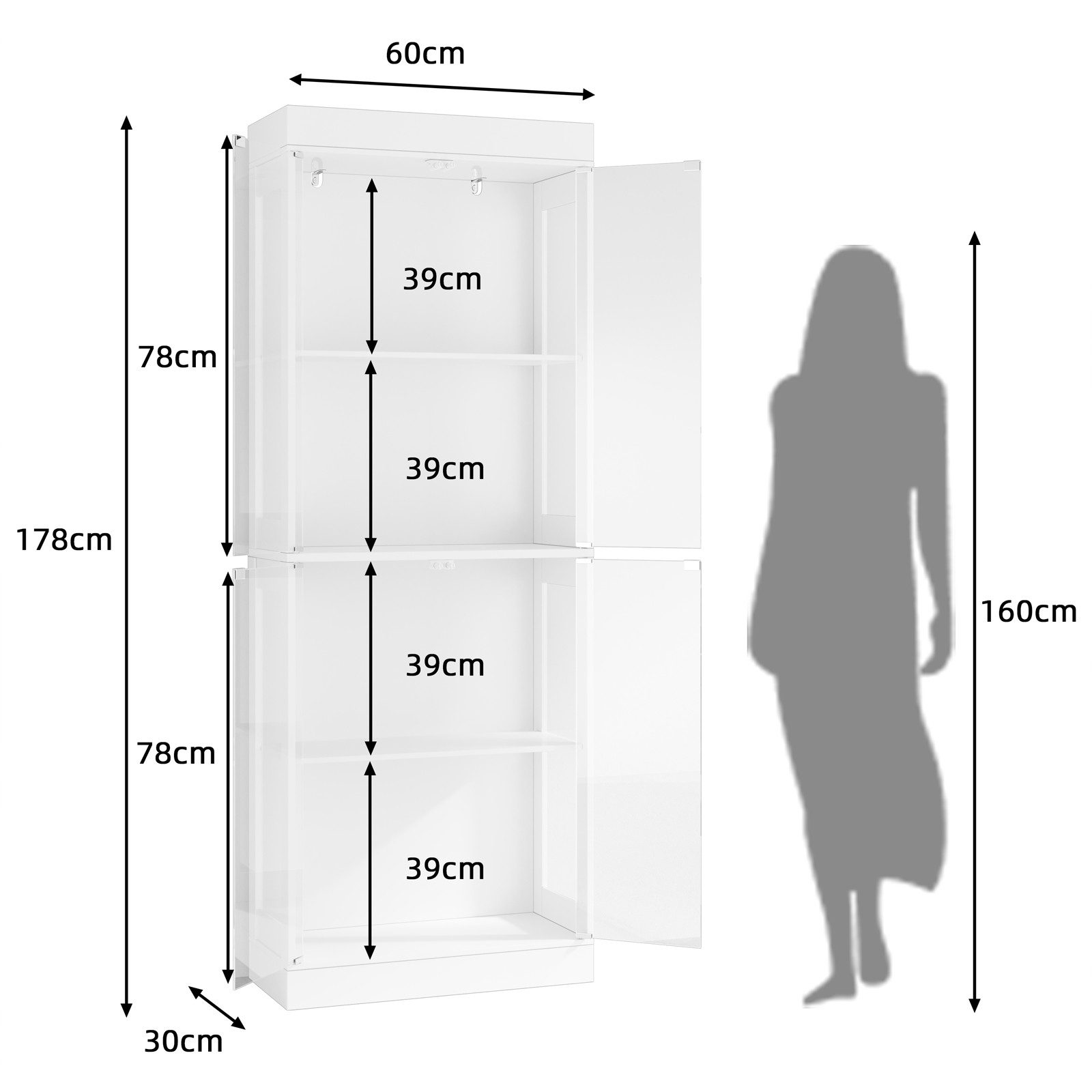 SVEYLXA Vitrine Beleuchtete LED Vitrine mit Glastüren & Regalen in Weiß/Schwarz (1-St) für Wohnzimmer, Küche & Bad, 60×30×178cm – Bild 5 von 5