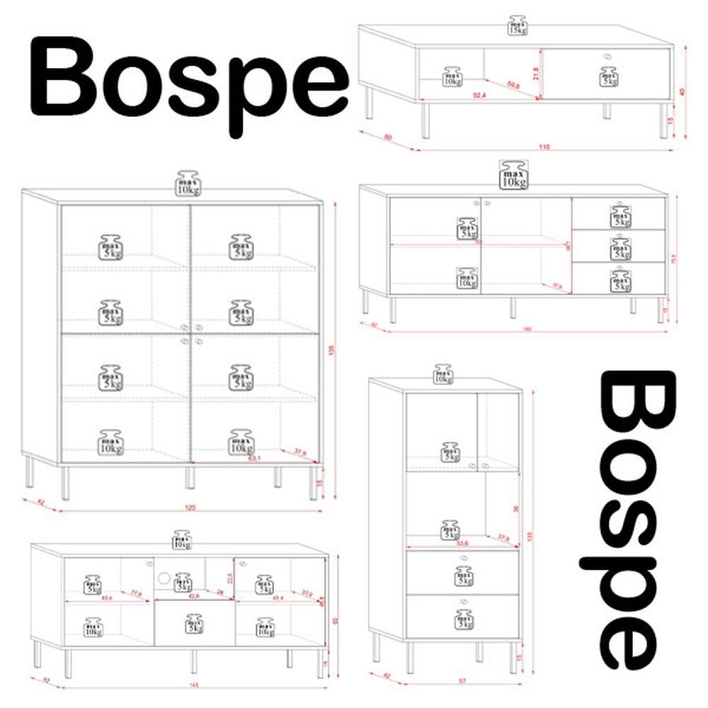Couchtisch) - - Bospe, 1 1 (Set, 2 Highboards Wohnzimmer-Set Feldmann-Wohnen 1 Lowboard Sideboard -