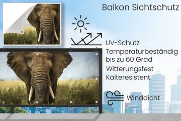 MuchoWow Balkonsichtschutz Elefant - Natur - Gras - Tiere - Landschaft (1-St) Balkonbanner, Sichtschutz für den Balkon, Robustes und wetterfest