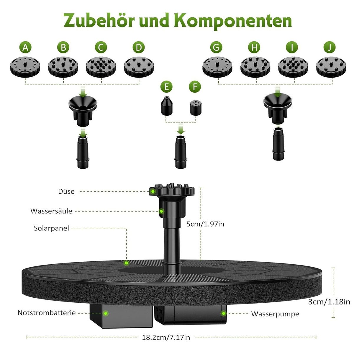 FELIXLEO Gartenbrunnen Solarbrunnen 3.5W Akku 9 Fontänen Garten Vogelbad Teich Pumpe, (1 tlg)