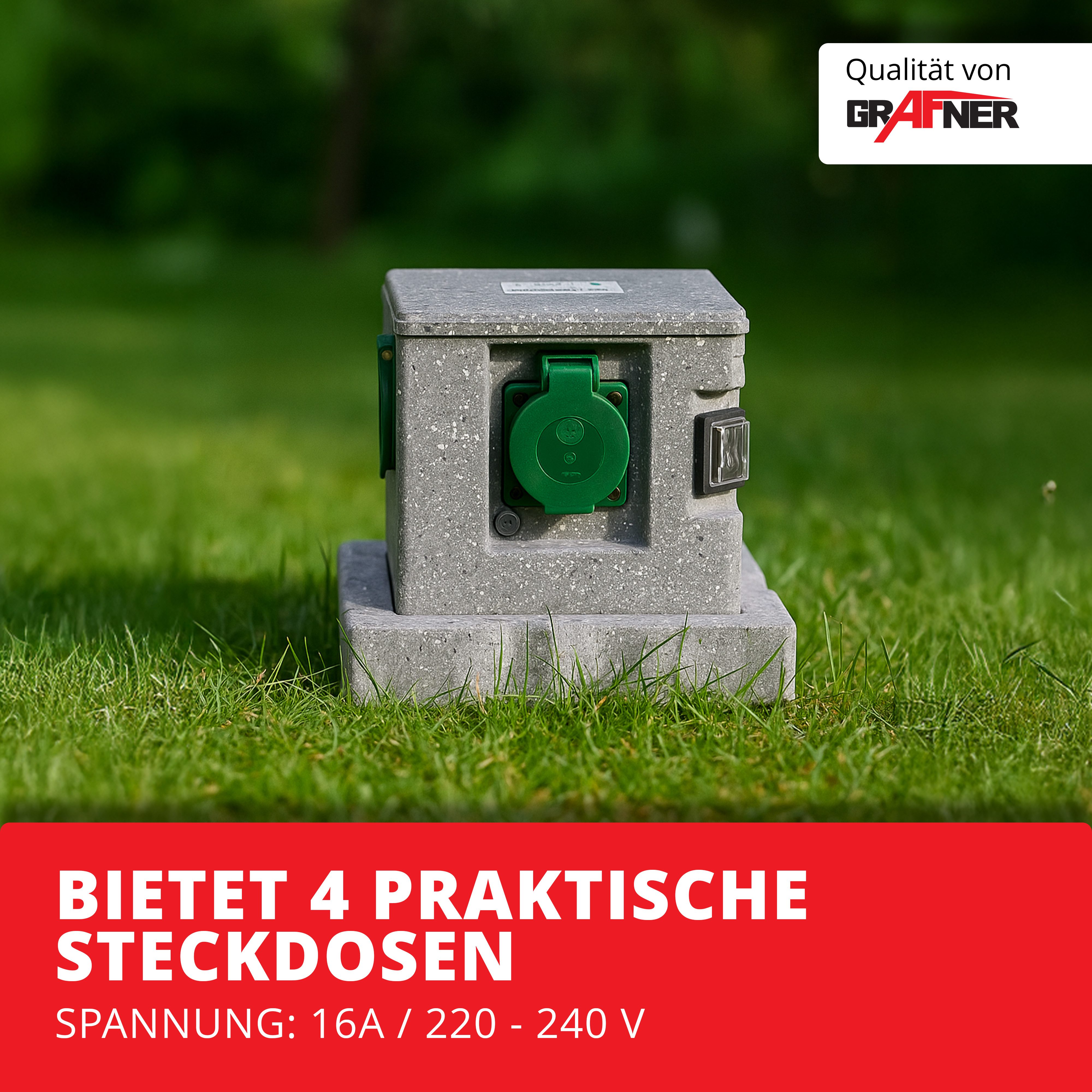 Grafner Gartensteckdose Gartensteckdose Außensteckdose Steckdose Steinoptik Quadratisch, Set, 2-St., Gartensteckdose + Erdspieß, 4 mit Erdspieß, 4-fach, Außensteckdose in Steinoptik