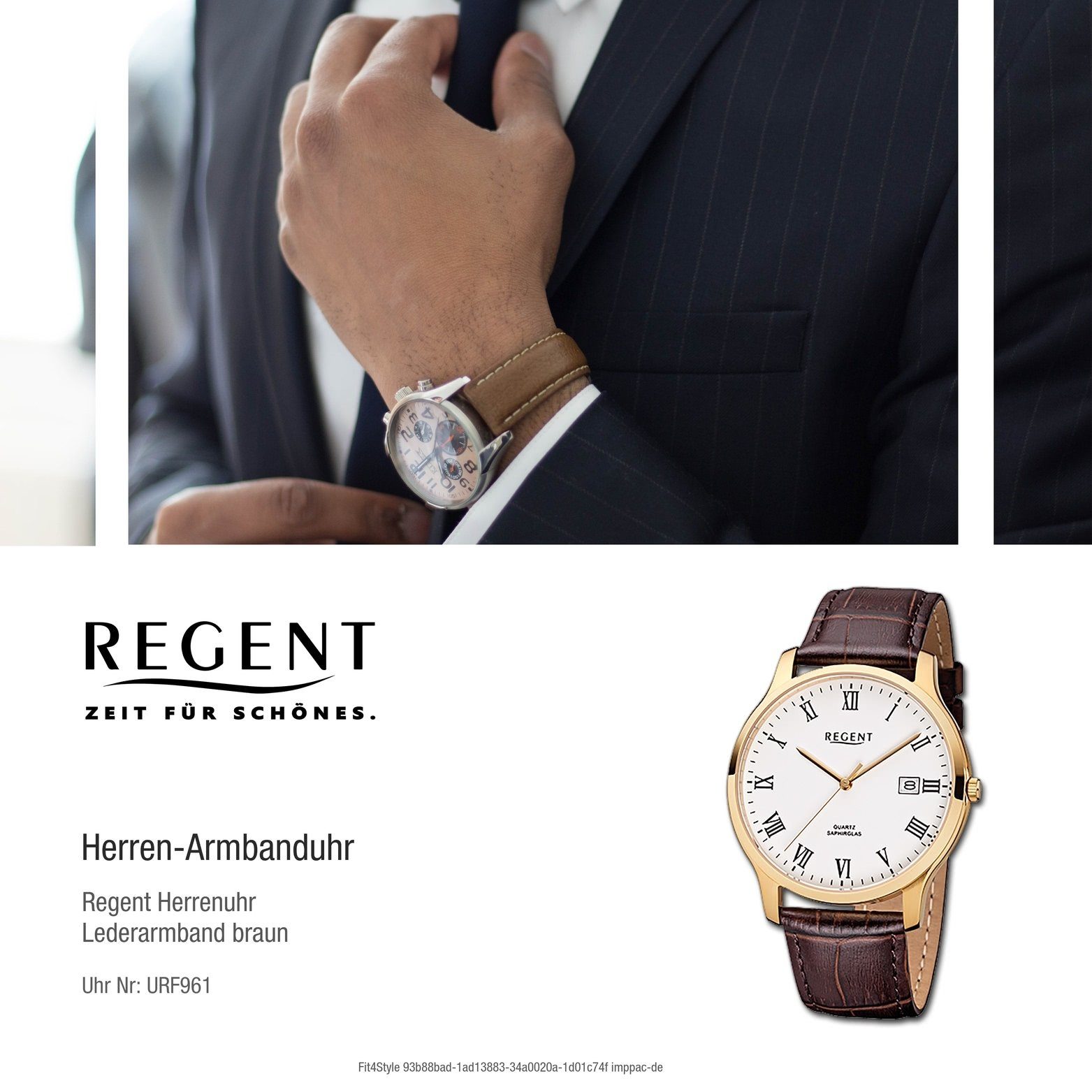 Lederarmband, Herrenuhr Gehäuse, Leder Herren mittel rundes F-961 Regent Uhr Elegant (ca. 39mm), Quarzuhr Quarzuhr, mit Regent