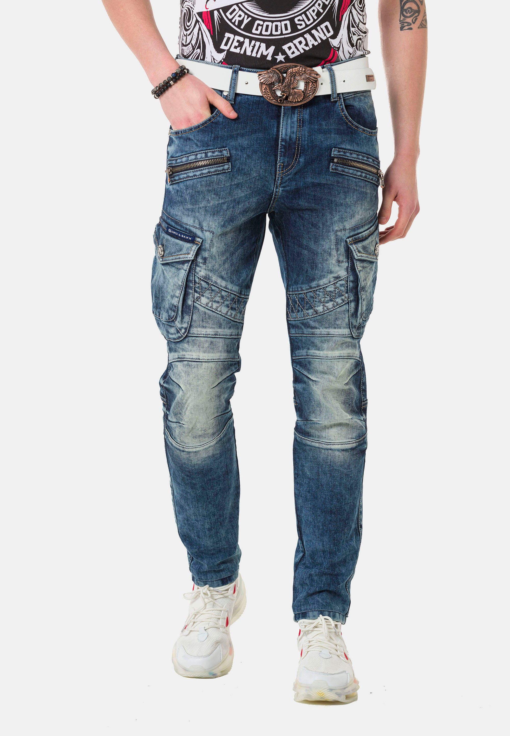 blau Baxx trendigen mit & Cargotaschen Straight-Jeans Cipo