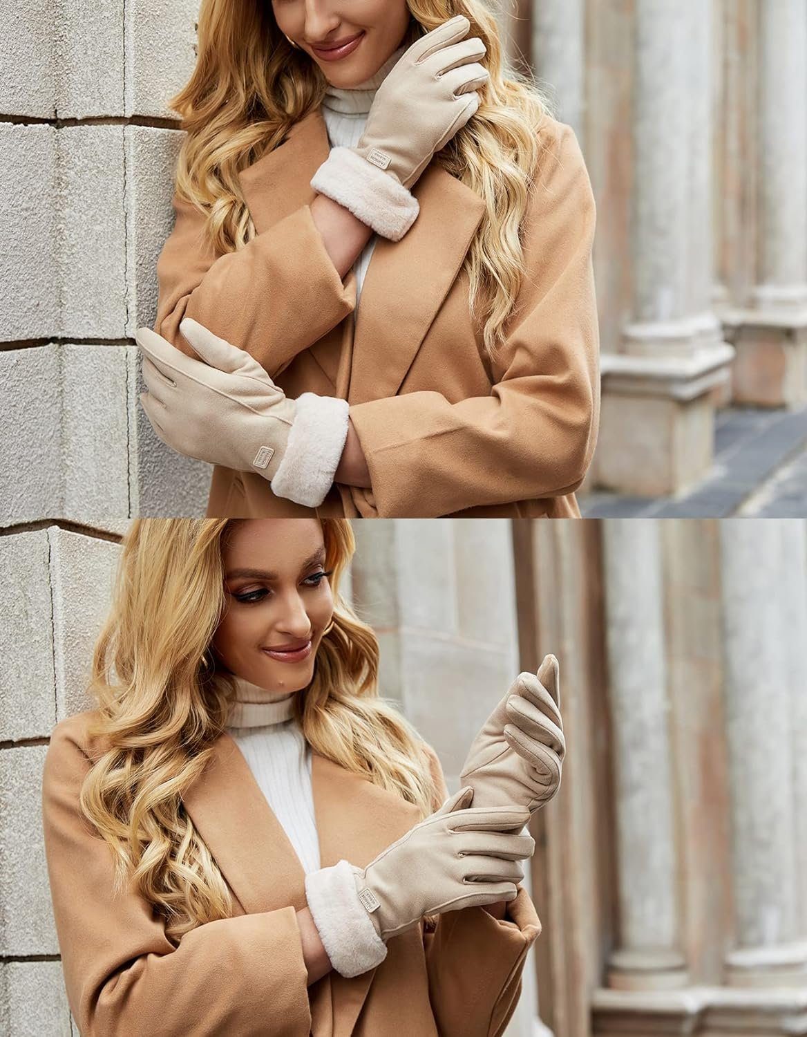 Alster Beige winddicht, A0503 mit Kunstfell, Fleecehandschuhe Herz Warme elegant, warm Handschuhe, Herz Fleece, Damen Alster hält