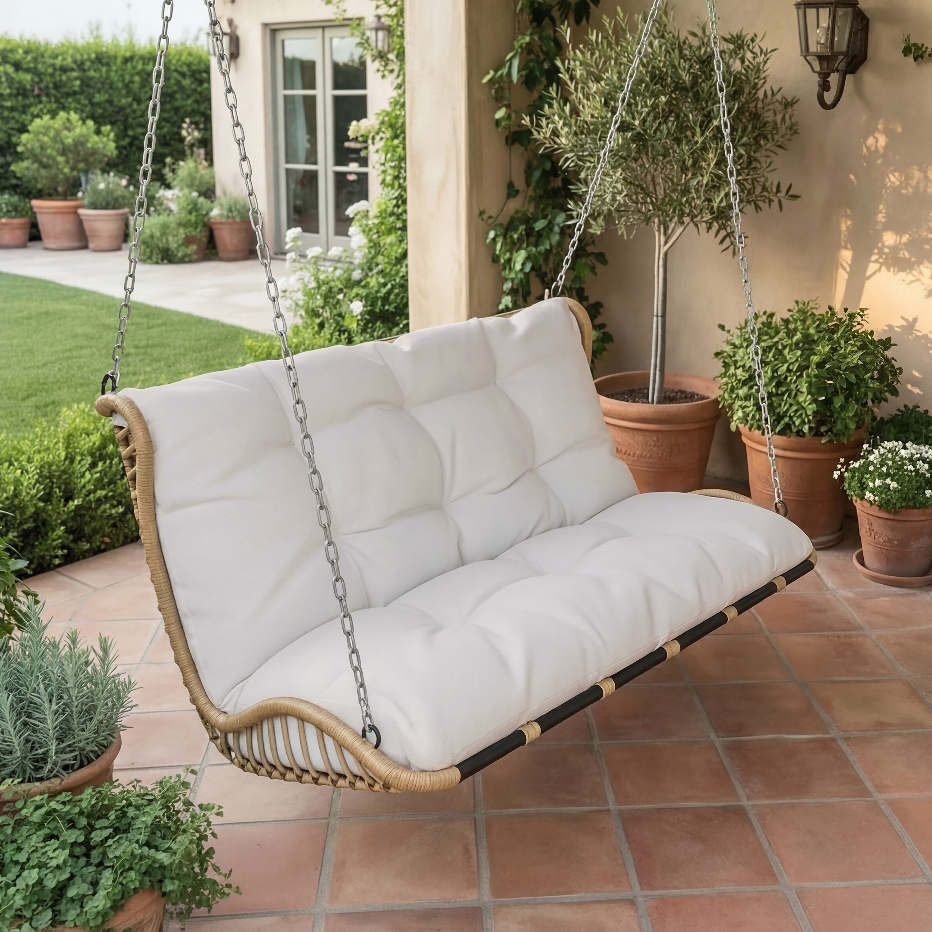 REDOM Hängesessel Beige Hängeschaukel aus PE-Rattan für 2 Personen (Packung, 1-St., Mit waschbaren Kissen & Ketten, wetterfest), Ideal als Garten- & Terrassen-Schaukel, Gestell nicht enthalten