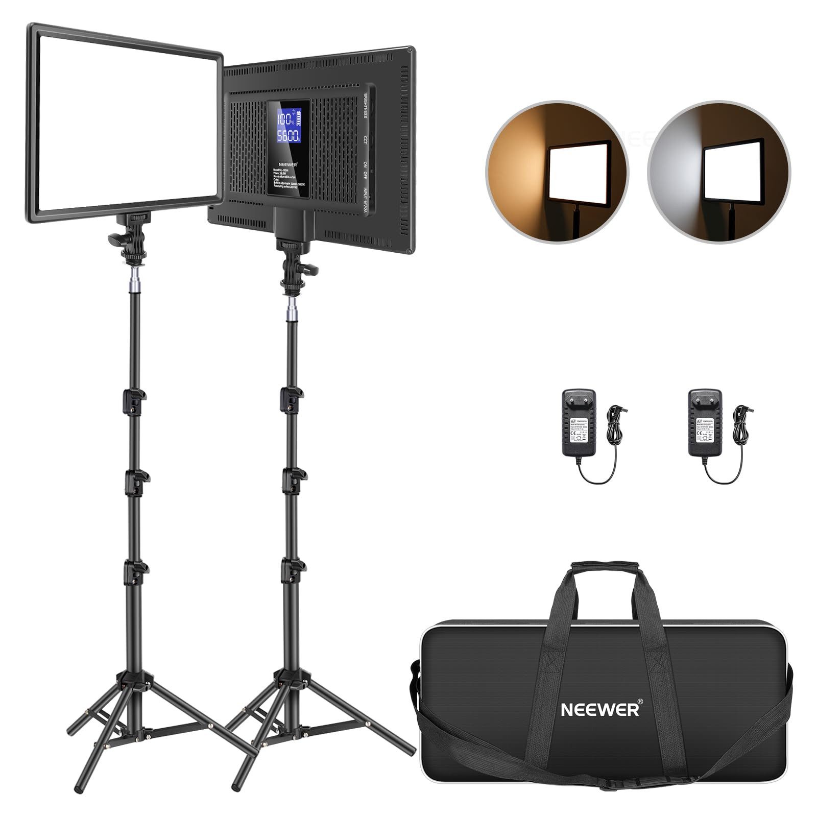 Neewer Videoleuchte NL-192AI 2er 13" LED Videolicht Panel mit Stativ, 8000mAh Batterie, 3200K-5600K CRI 97+ 2400lux, Studio-Licht für Streaming Live YouTube