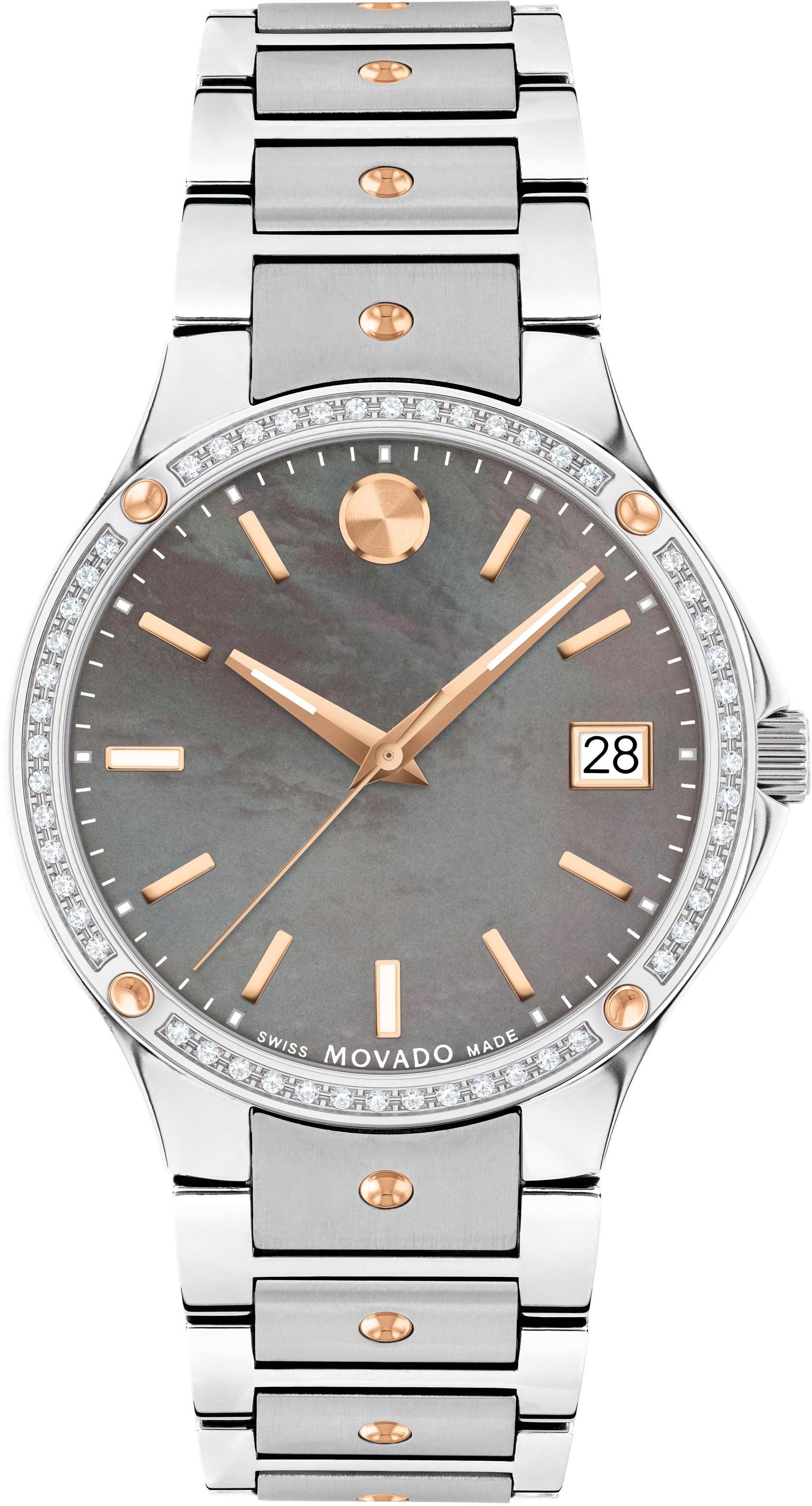 MOVADO Schweizer Uhr SE Quarz, 0607706, Quarzuhr, Armbanduhr, Damenuhr, Swiss Made, Diamant-Steine, Perlmutt