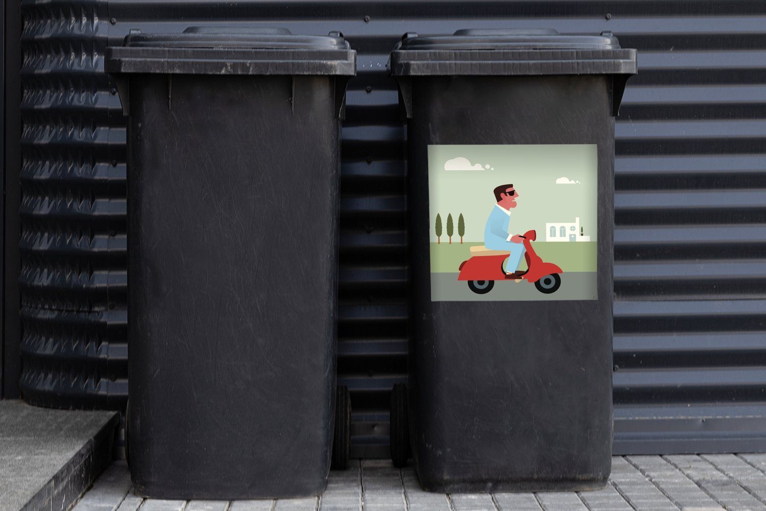 (1 roten Sticker, einer MuchoWow Abfalbehälter Vespa Wandsticker Mülltonne, Mannes eines auf Container, St), Mülleimer-aufkleber, Illustration