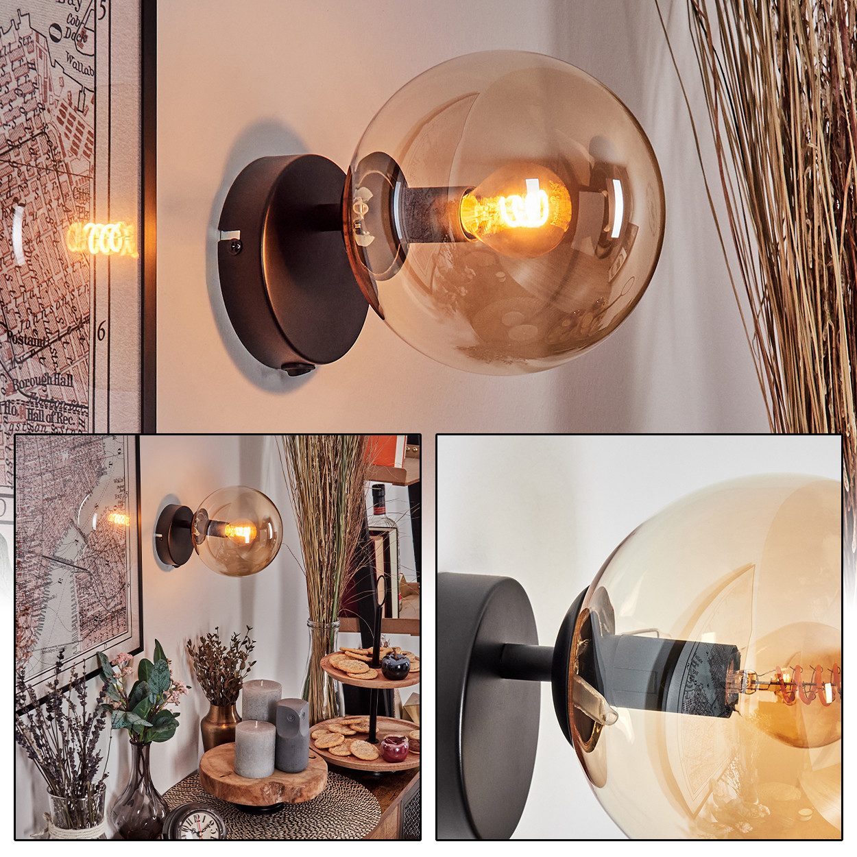 hofstein Wandleuchte Wandlampe aus Metall/Glas in Schwarz/Bernsteinfarben, ohne Leuchtmittel, Wandleuchte im Retro/Vintage-Design mit Glasschirm (15 cm), E14