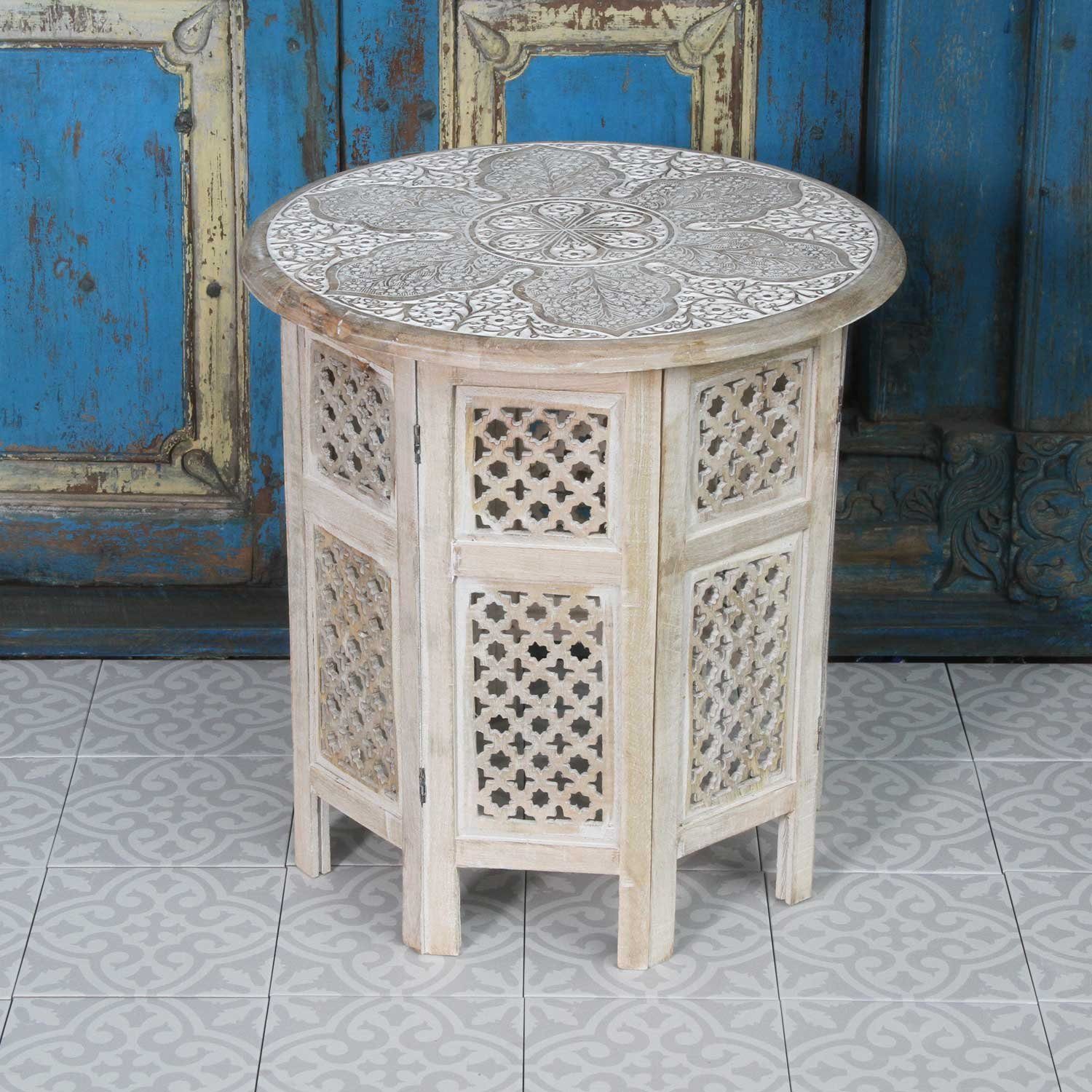 Casa Moro Beistelltisch Orientalischer Beistelltisch Haytam 52x52x54 cm (B/T/H) rund (in Shabby Chic weiß aus Mango Holz handgeschnitzt), Vintage Sofatisch Couchtisch Massivholz NH-5326-B