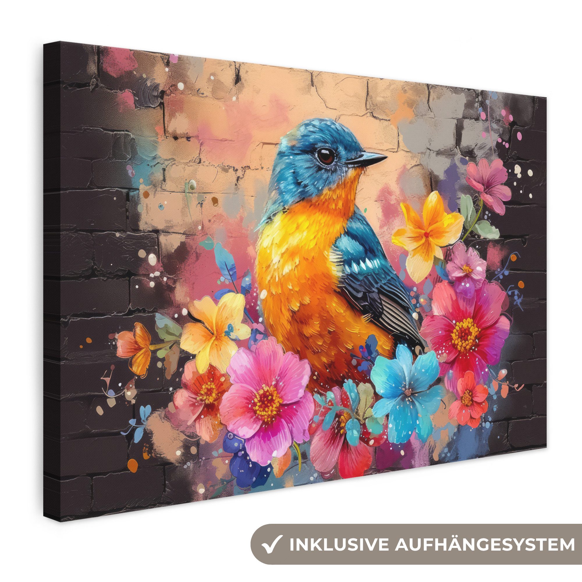 OneMillionCanvasses® Leinwandbild Graffiti - Vogel - Blumen - Straßenkunst, Fotodruck (1 St), Leinwand Bilder Klein, Wand Dekoration Aesthetic 30x20 cm