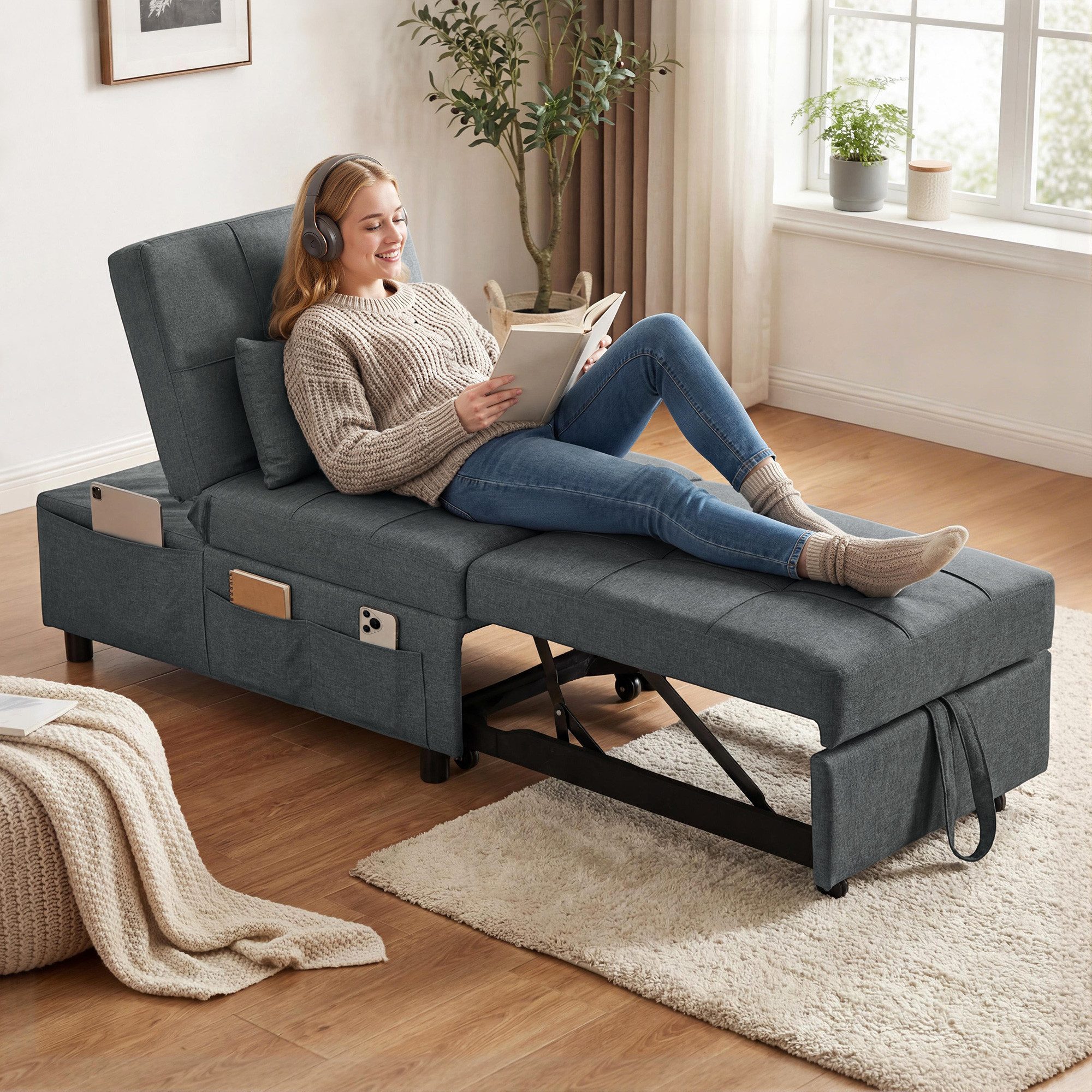 HOMCOM Schlafsofa Schlafsessel mit Bettfunktion, ausziehbares Schlafsofa, Schlafsessel mit Bettfunktion 1 Teile, für Wohnzimmer, Schlafzimmer, Grau